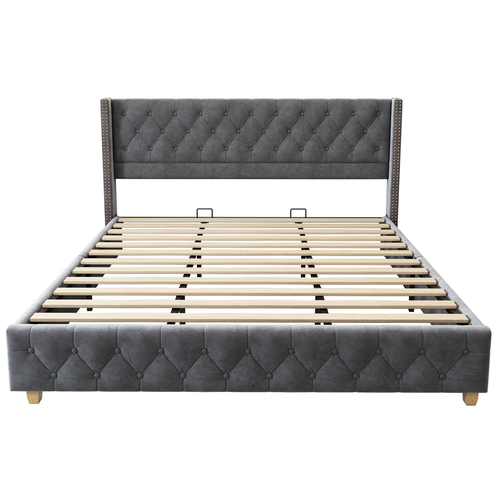 Upholstered Bed 180x200cm Slatted Frame Headboard Button Studded Wooden Legs Velvet Grey