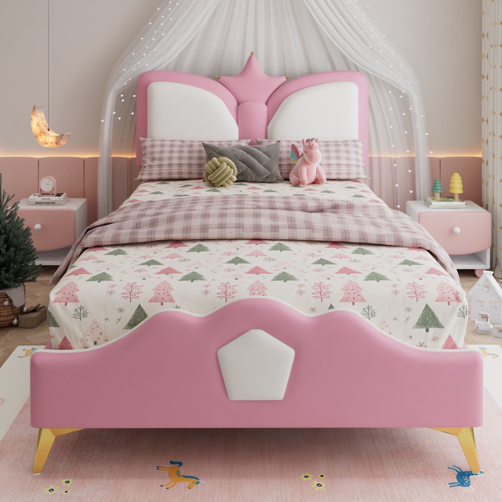Upholstered Single Bed 90x200cm Crown Headboard Anti-Collision - Pink/White PU