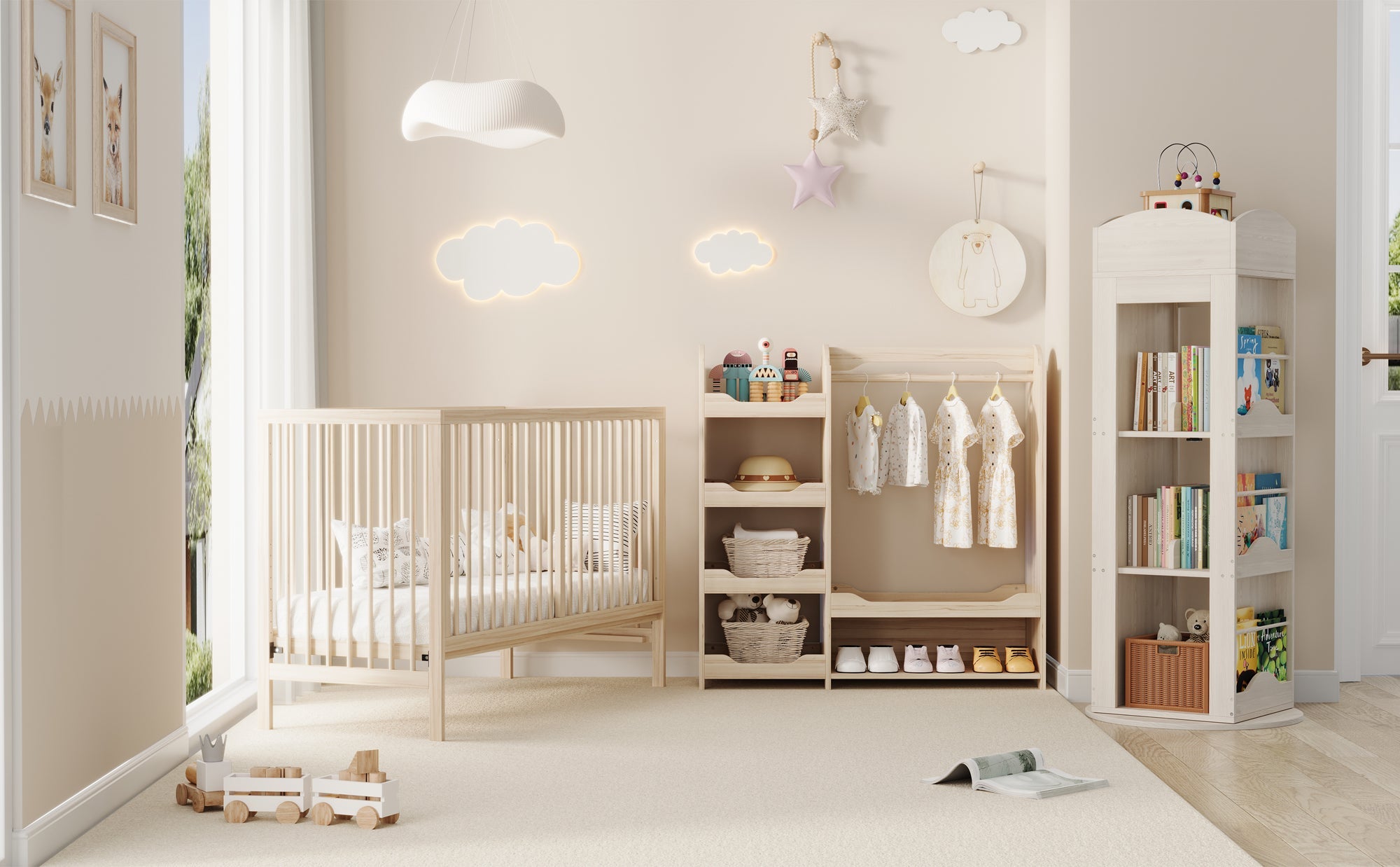 Children's Wardrobe Freestanding with Clothes Rail & 4 Shelves, Natural Wood