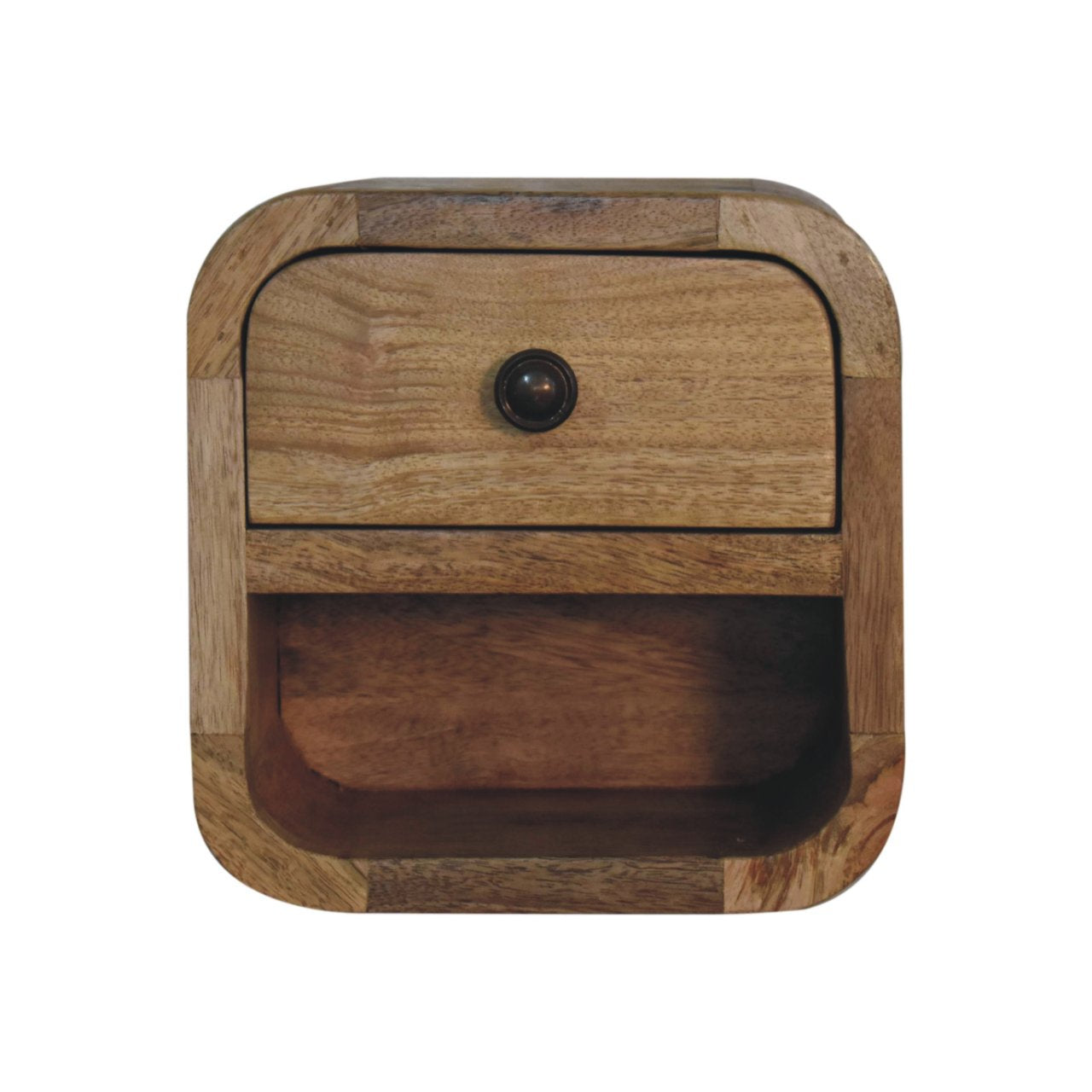 Bedside Cabinet - Extra Mini Curved with Open Slot, Drawer, and Shelf - Solid Wood Brown