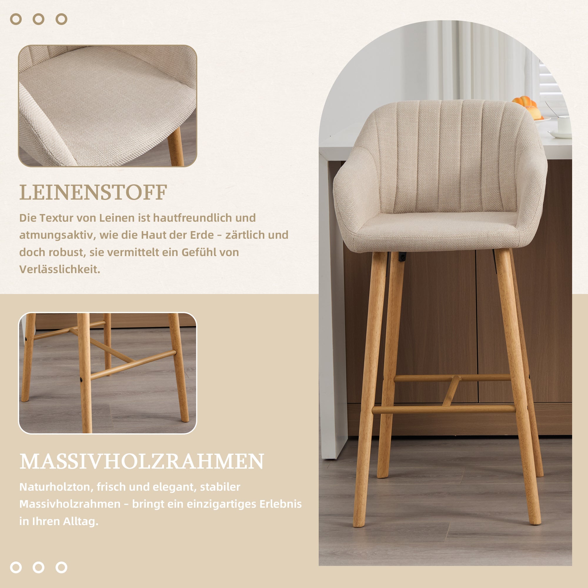 Bar Stools, Set of Two, High Backrest & Armrests, Linen & Wooden Legs