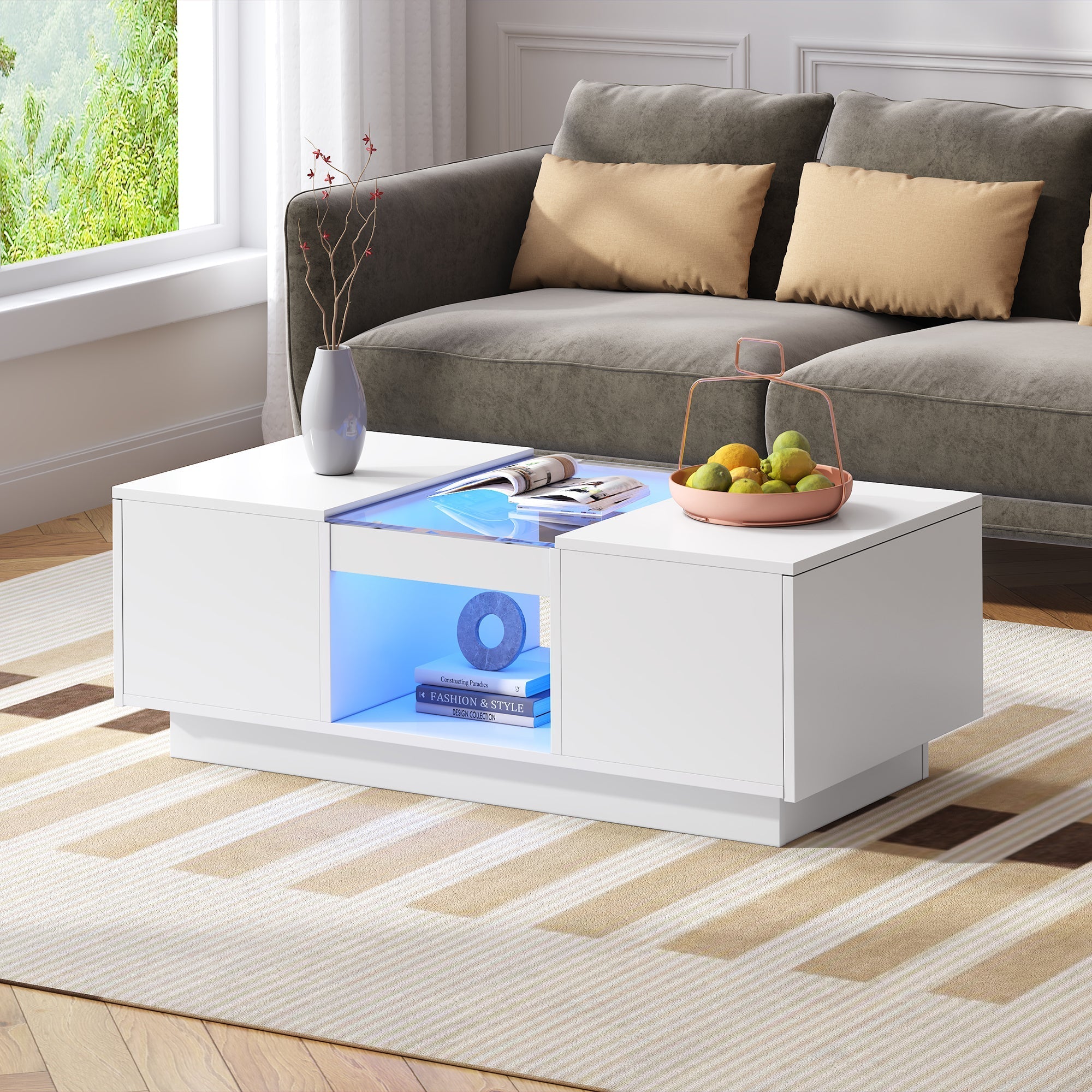 White Coffee Table with Glass Panel, LED Lighting, 2 Drawers, and 1 Open Compartment