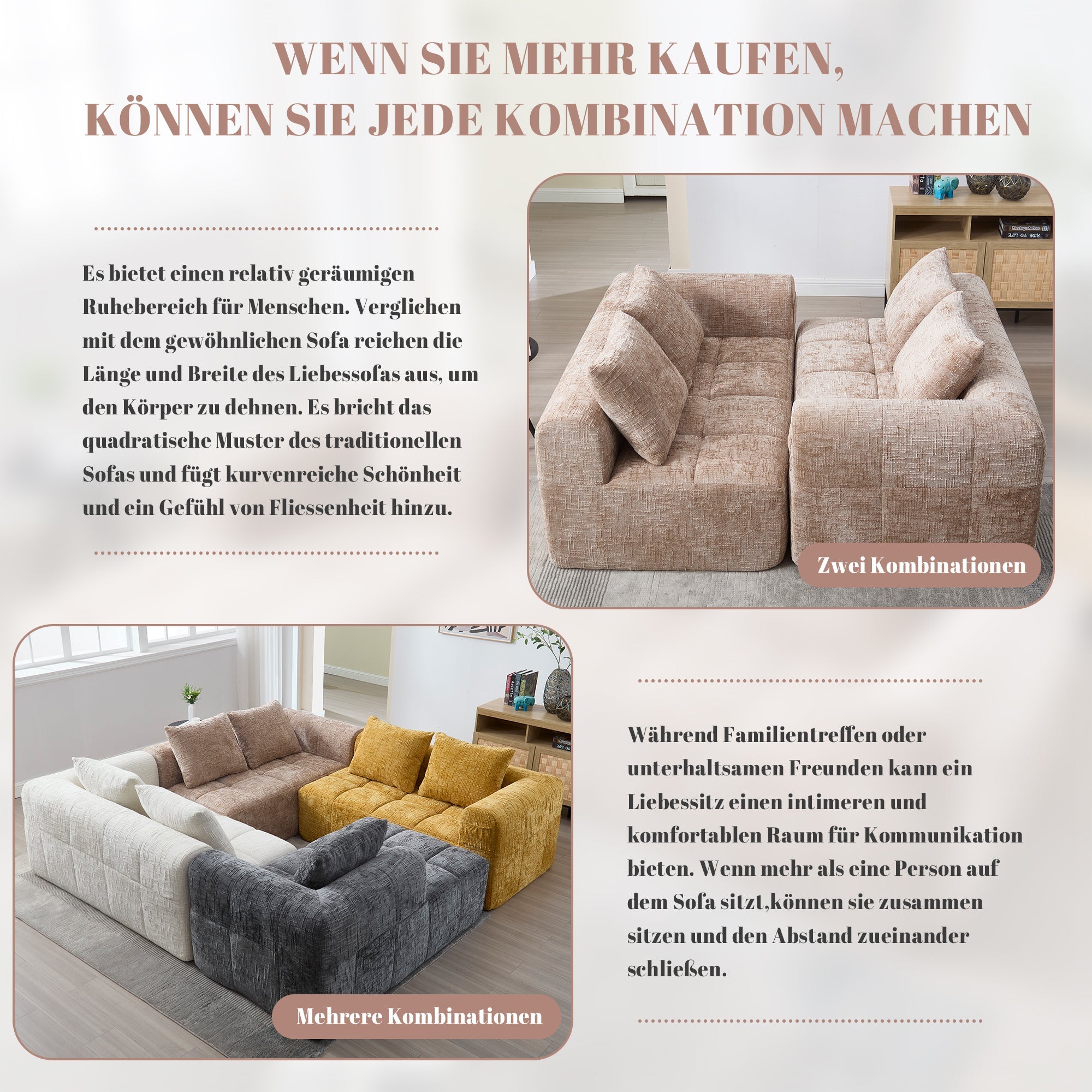 Sofa, 2-Person Plush No Assembly Side Pockets, Khaki