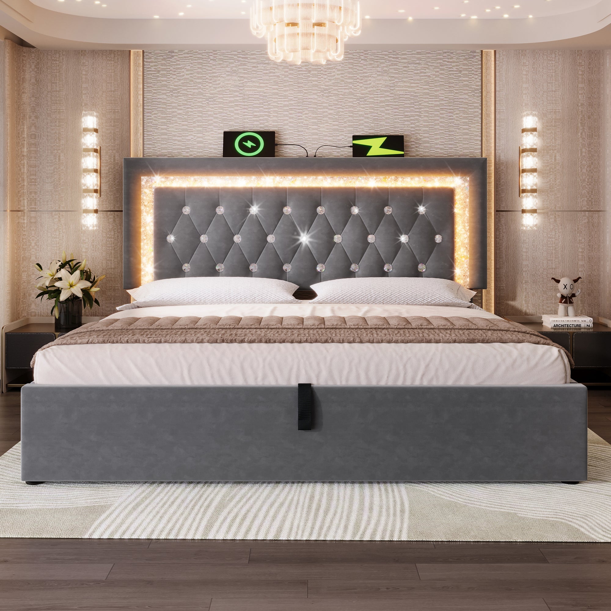Upholstered Double Bed 140x200cm Hydraulic Storage LED Headboard USB/Type-C Velvet Grey