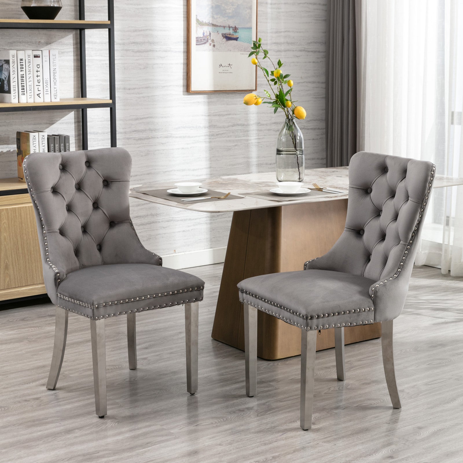 A&A Furniture Nikki Collection Modern Tufted Velvet Dining Chair Set of 2 with Chrome Legs Gray/Chrome
