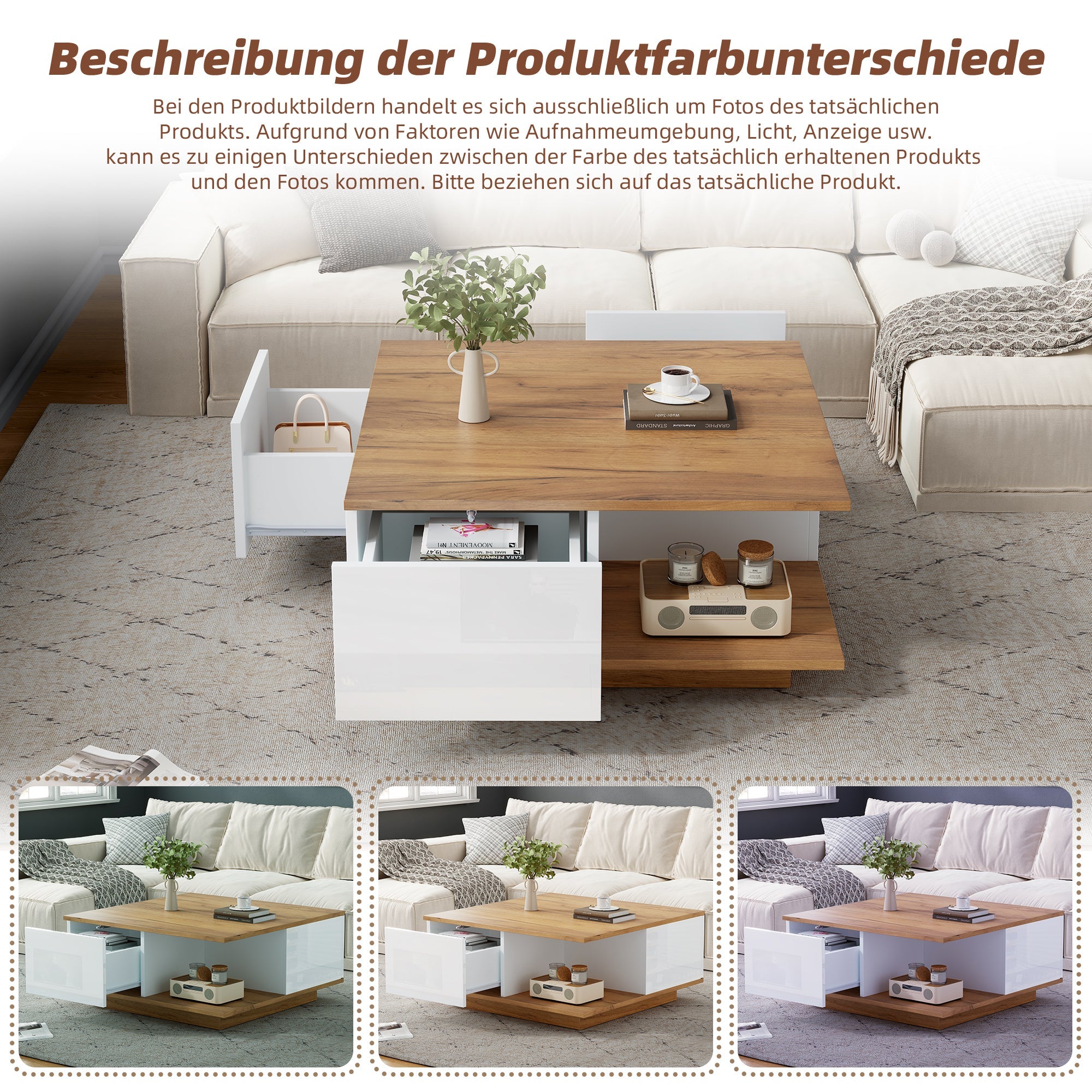 Coffee Table 70x70x31.5cm, 3 Drawers, High-Gloss, White & Original Wood Color