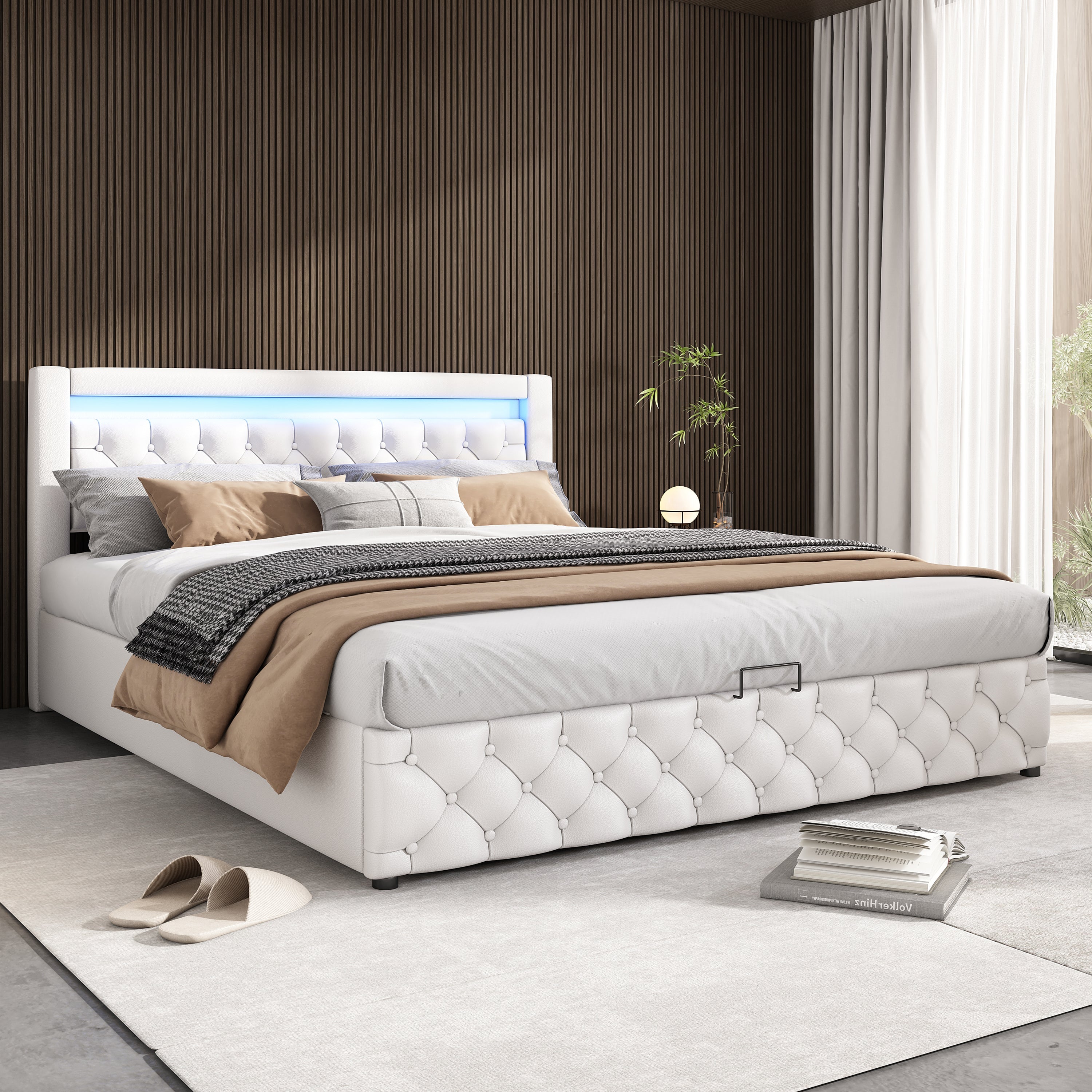 Upholstered Double Bed with LED Lights, Drawers and Slatted Frame, 160x200cm, White PU