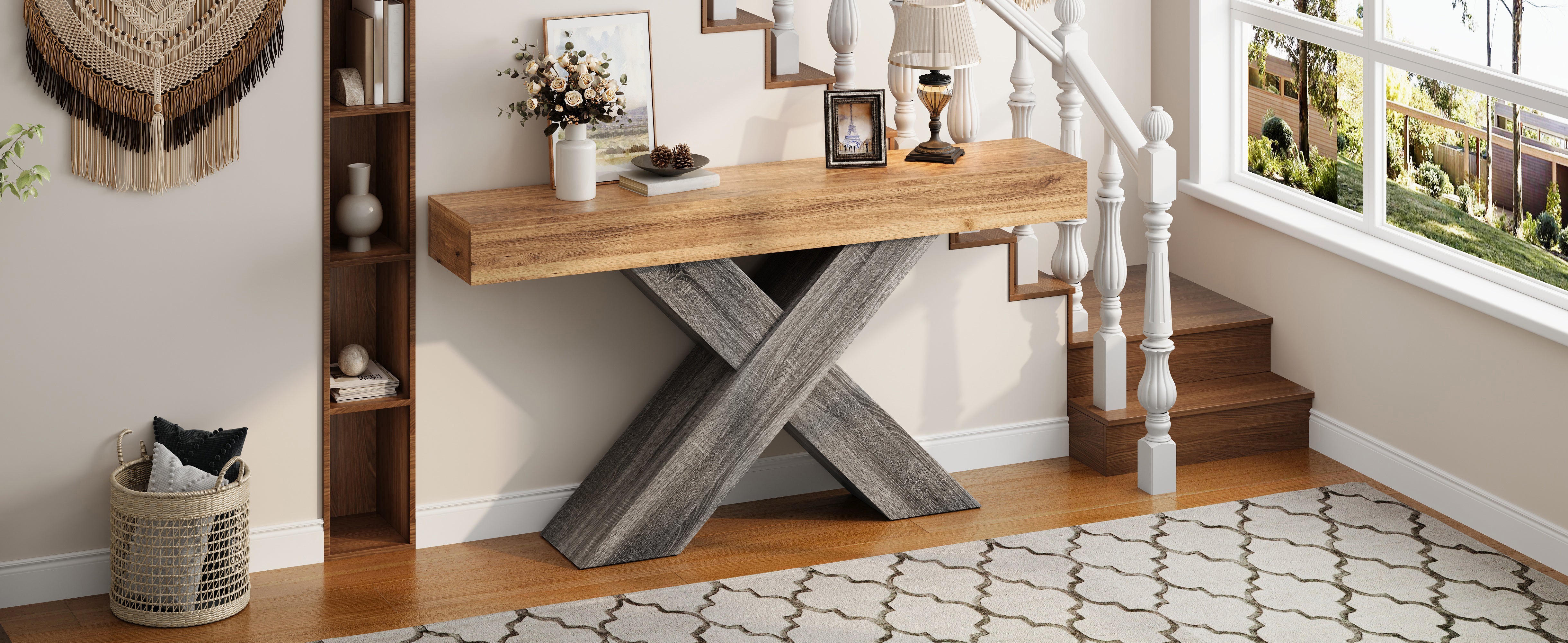 Console Table with X-shaped Legs, Narrow Design for Hallway and Living Room, Wood Look Chipboard