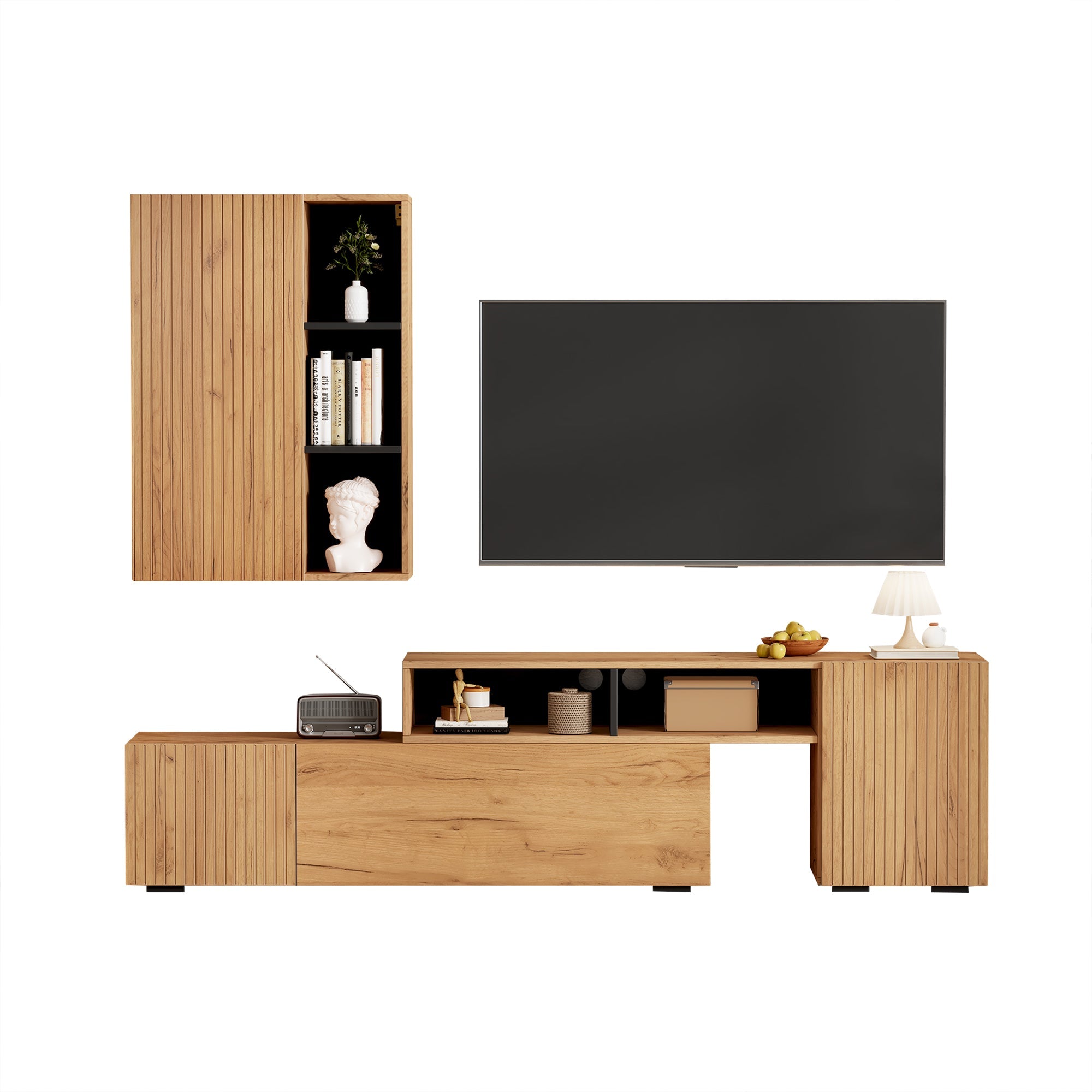 TV Wall Unit Set, 2-Piece Media & Display Cabinet, up to 120" TV, Wood & Black