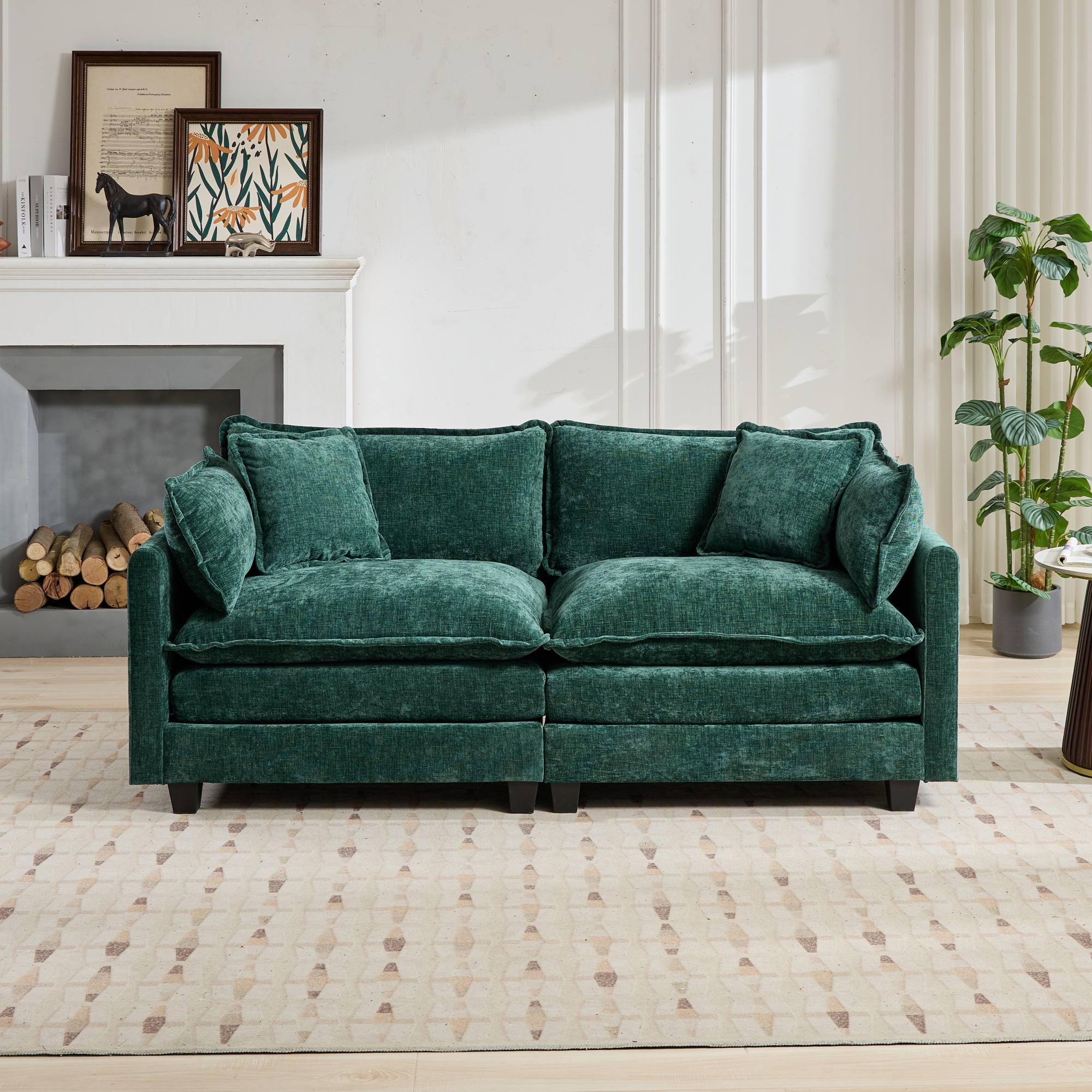 Cloud Sofa Loveseat, Modern Sectional Couch with Double Layer Upholstered Cushion, Green Chenille Fabric