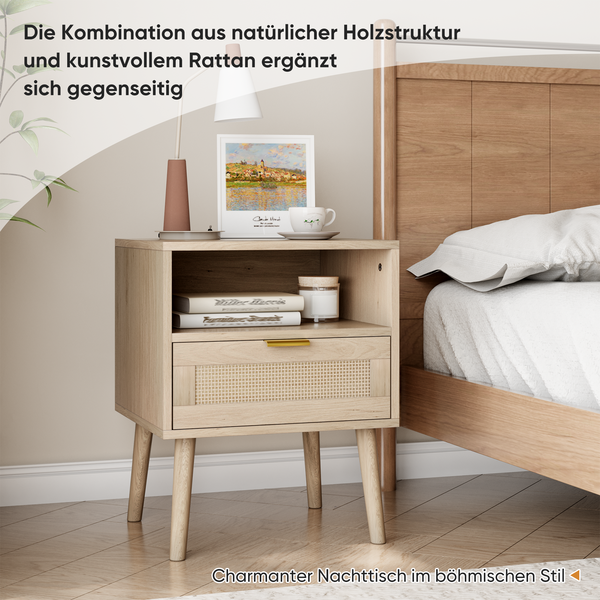 Bedside Table Open Shelf Gold Handle 45x40cm Vine