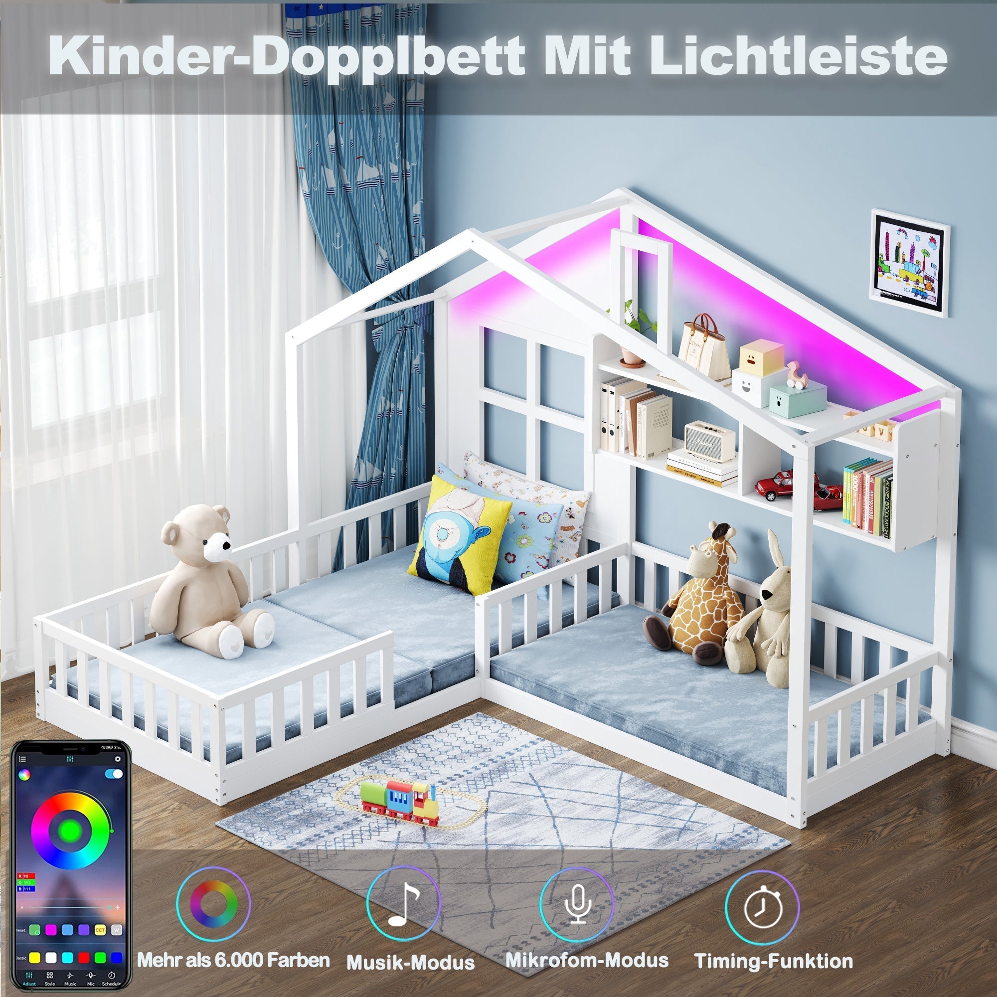 Children's Bed with Window, Shelves and LED Light Strip, 90x200cm, White Solid Wood