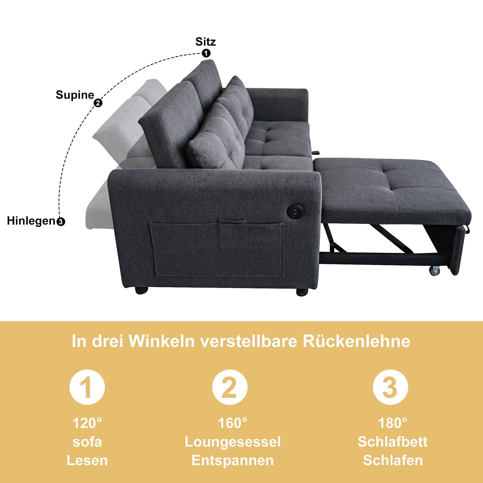 Loveseat Sofa 3-in-1 Pull-out Adjustable Backrest USB Modern Design