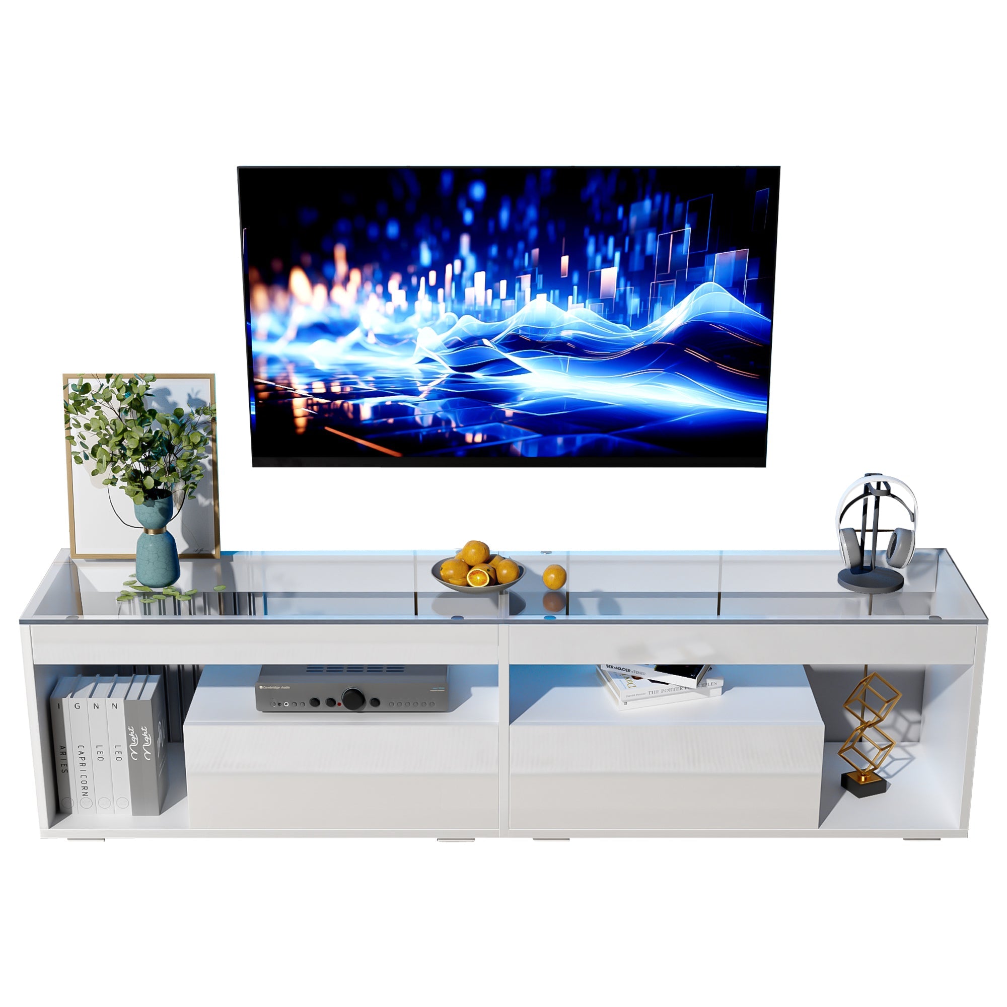 LED High-Gloss TV Cabinet for 70 Inch TVs, 2 Drawers, White