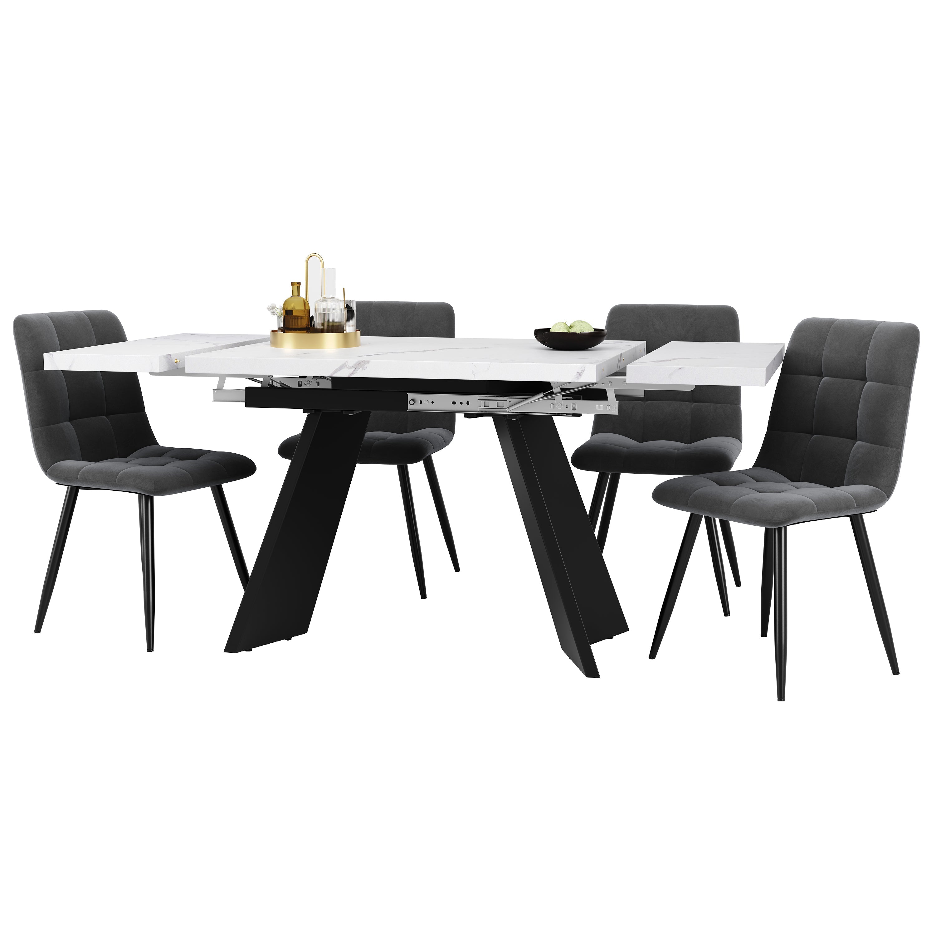 5-Piece Dining Set Extendable Table 160x80cm with 4 Grey Velvet Chairs White