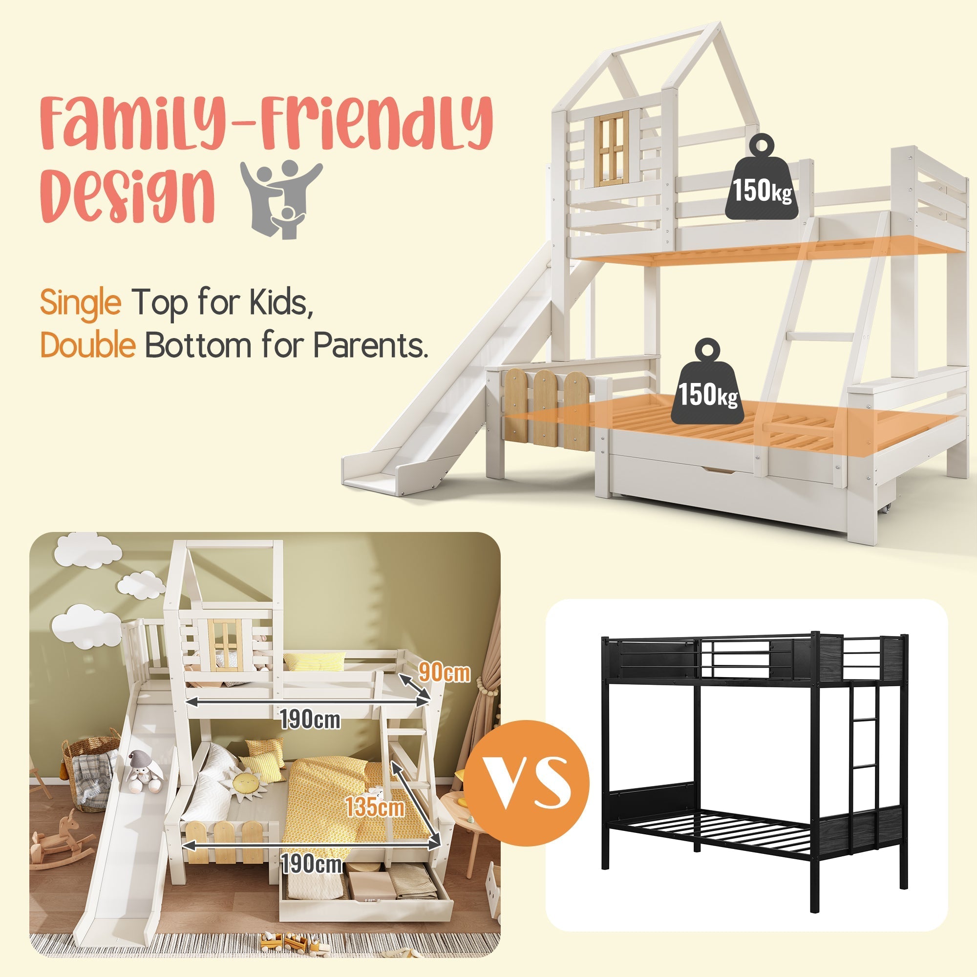 Bunk Beds for Kids, Cabin Tree-house Bed with Ladder and Slide, Twin Sleeper (90+135) x 190 cm, Solid Wood, White