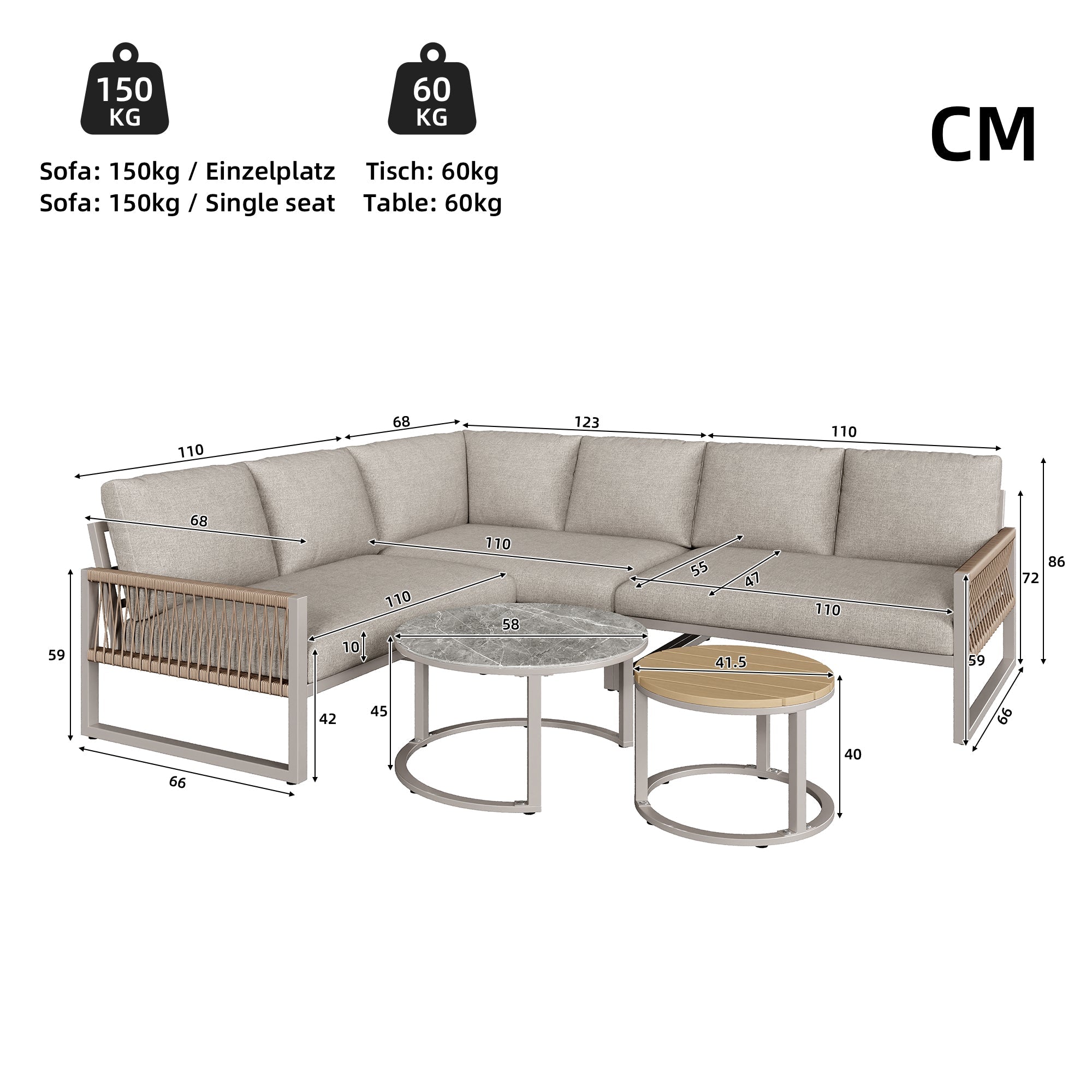 Garden Lounge Set Corner Sofa 6-7 Seater Galvanized Iron Frame - Beige