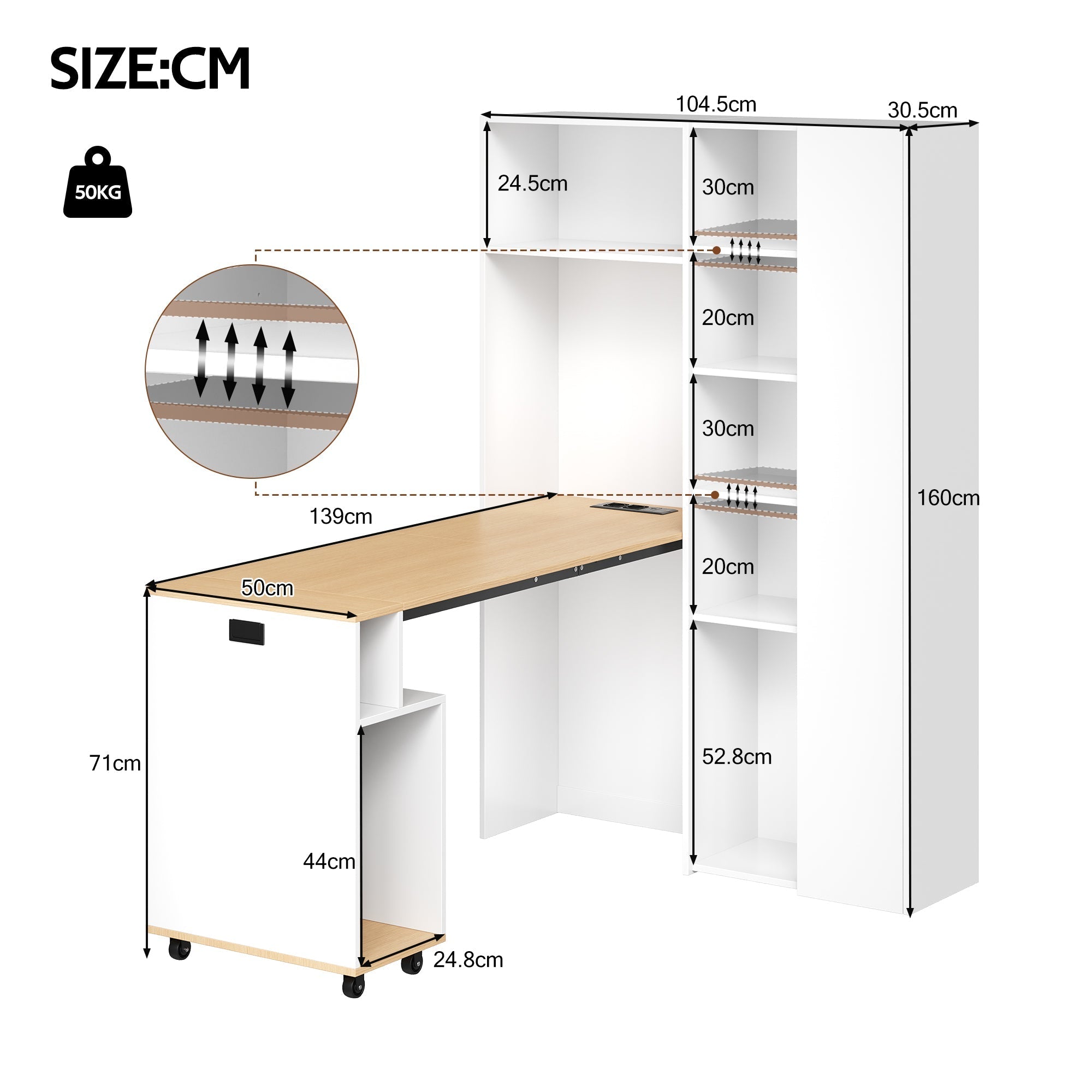 Folding Desk with Shelves, 2-in-1 Bookshelf, USB, Adjustable, White