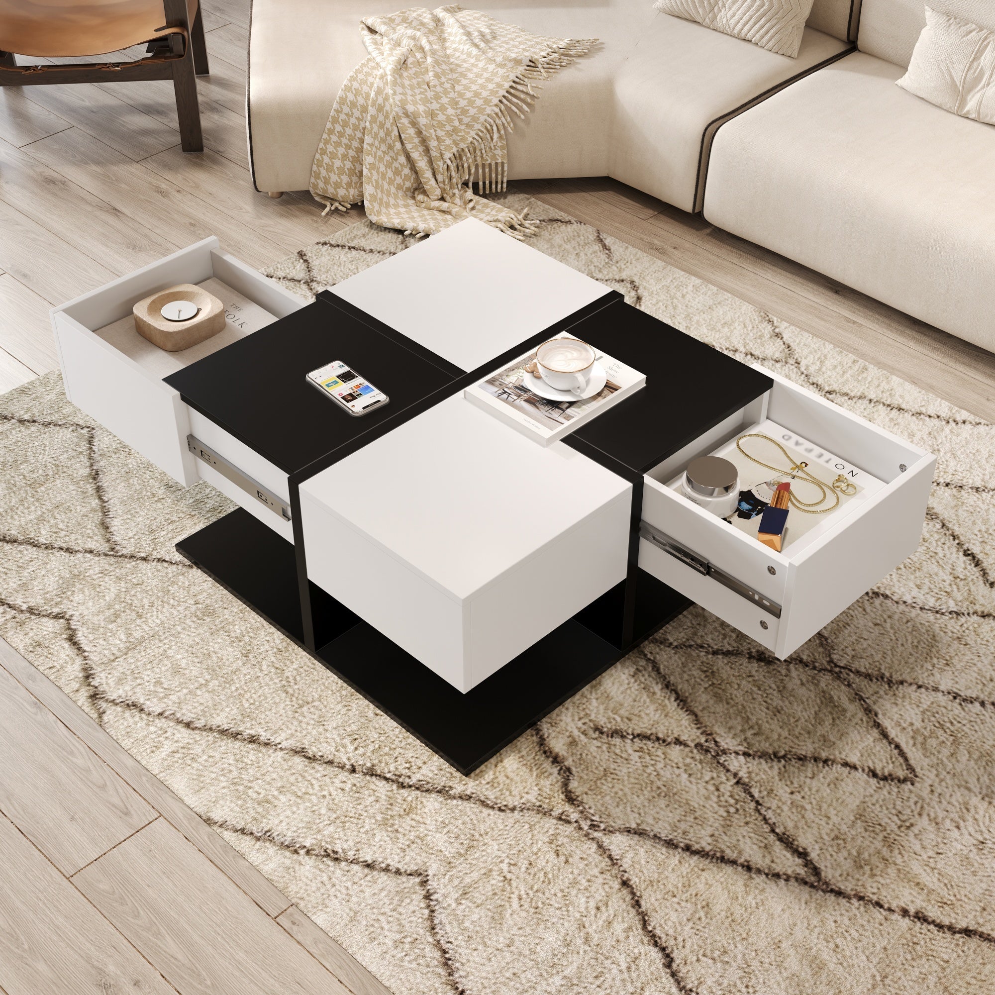 Modern Coffee Table with 2 Drawers, Square Living Room Table, 70x70x35.5 cm, Black and White
