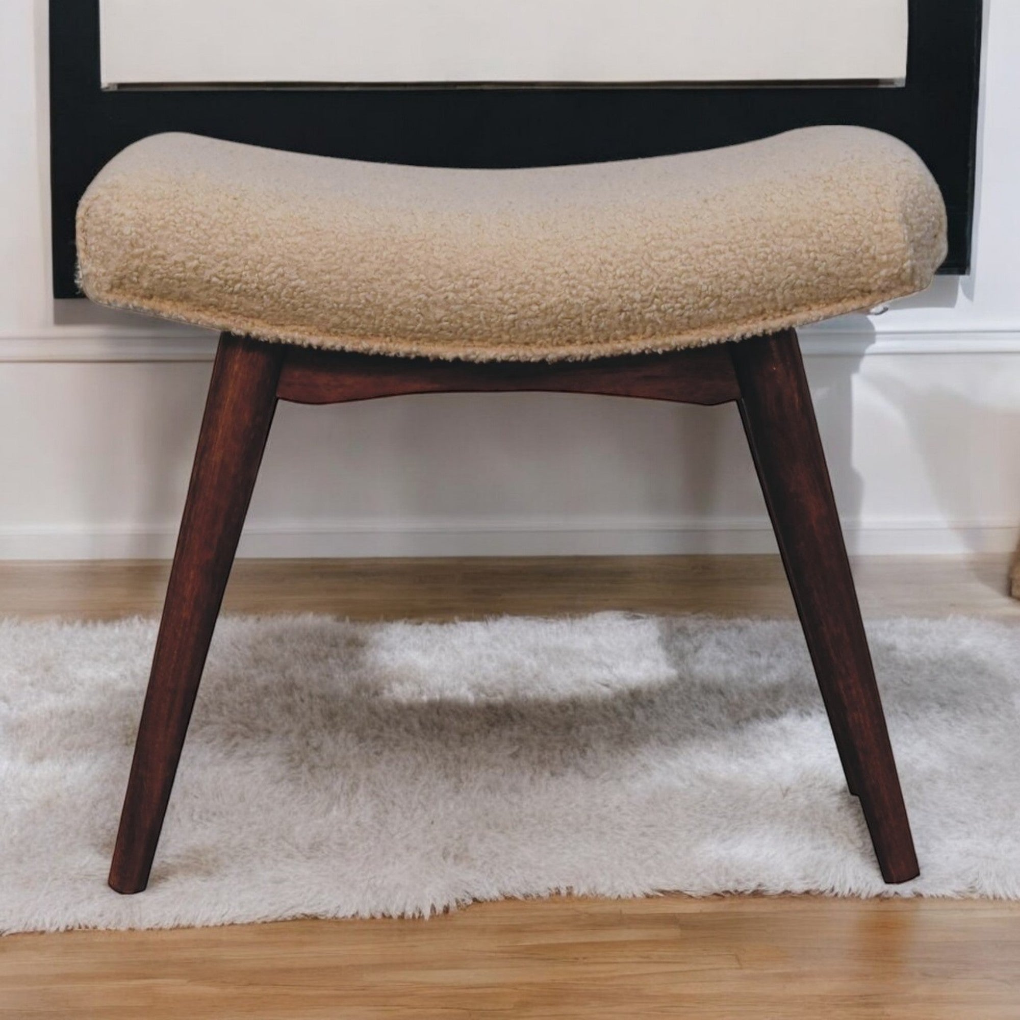 Solid Wood Curved Bench, Upholstered Honey Caramel Boucle Cream