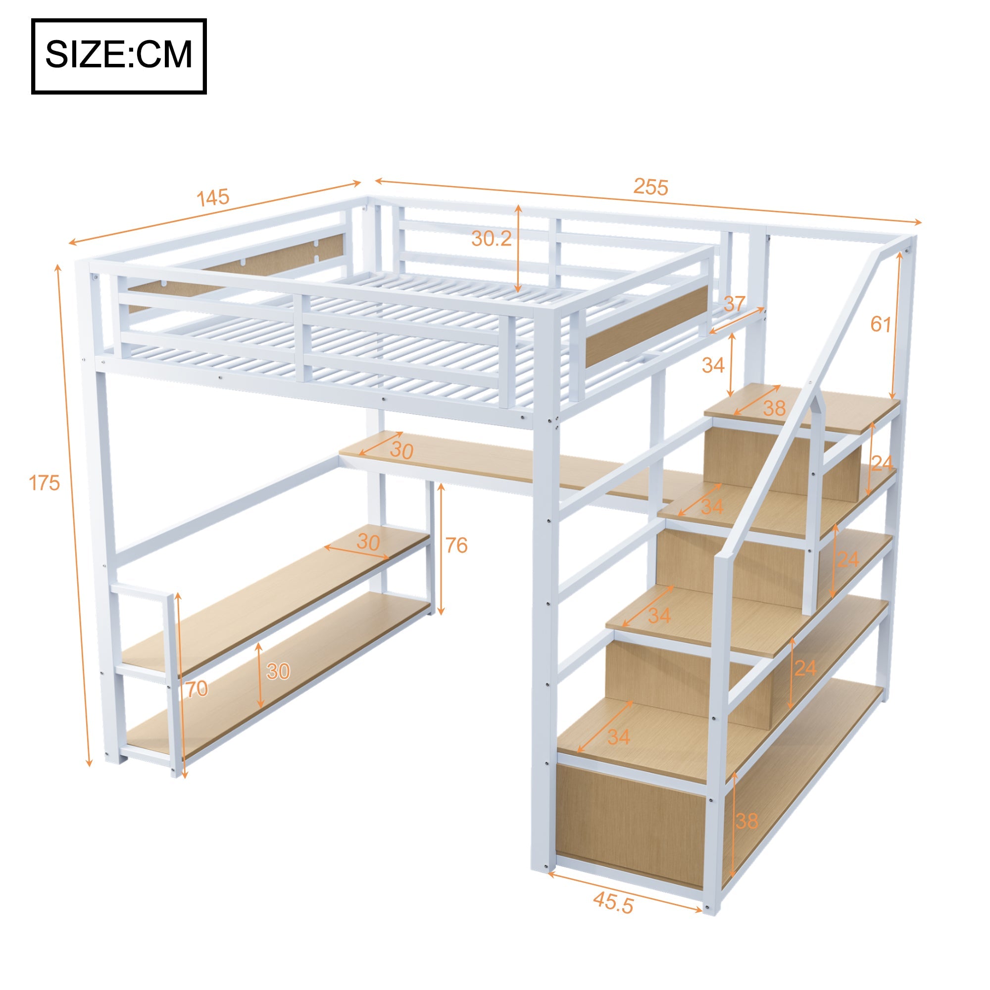 Metal Loft Bed with Storage Ladder, Shelves and Table, 140x200cm, White Metal
