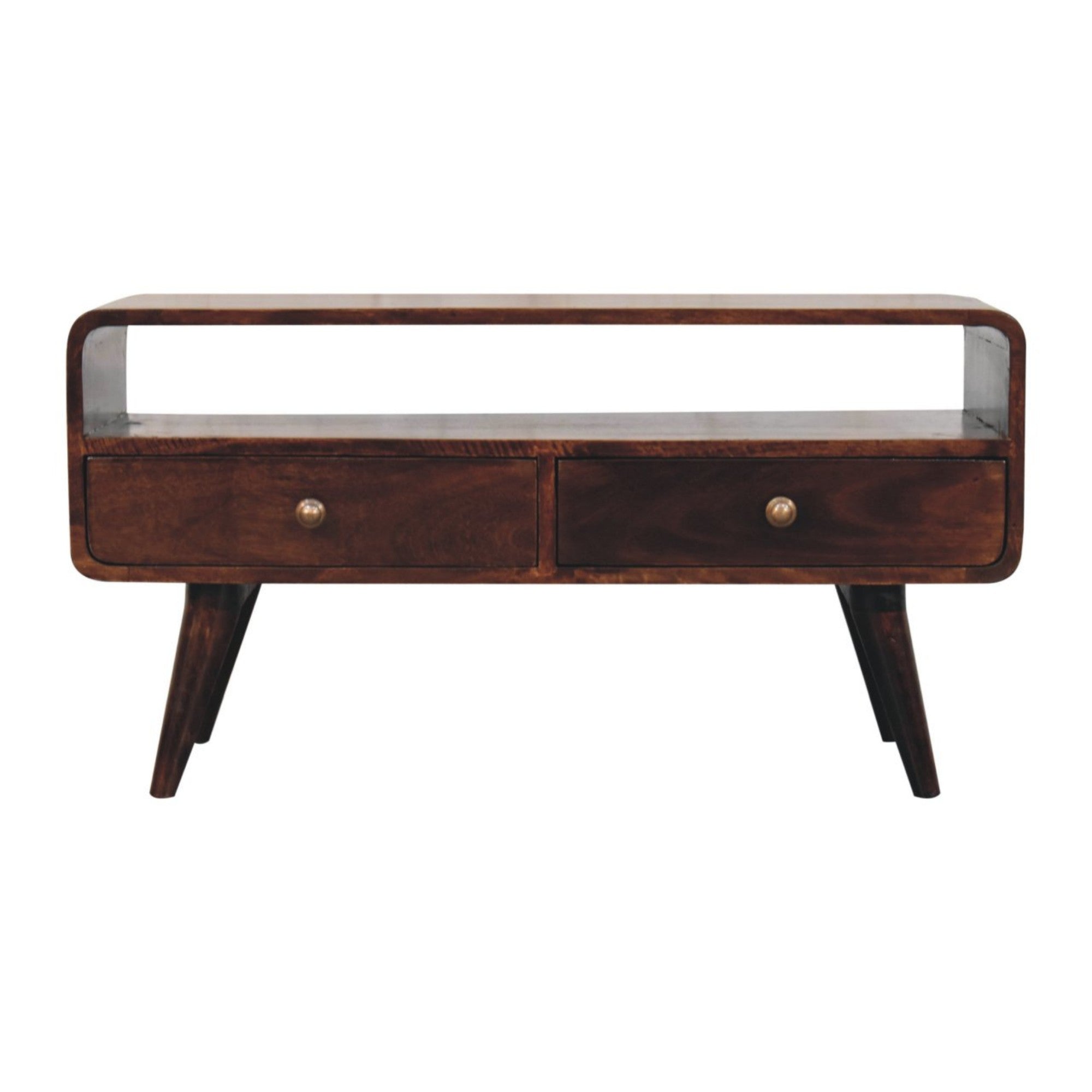 Solid Wood Curved Media Unit with 2 Drawers and 1 Open Slot, Dark Brown