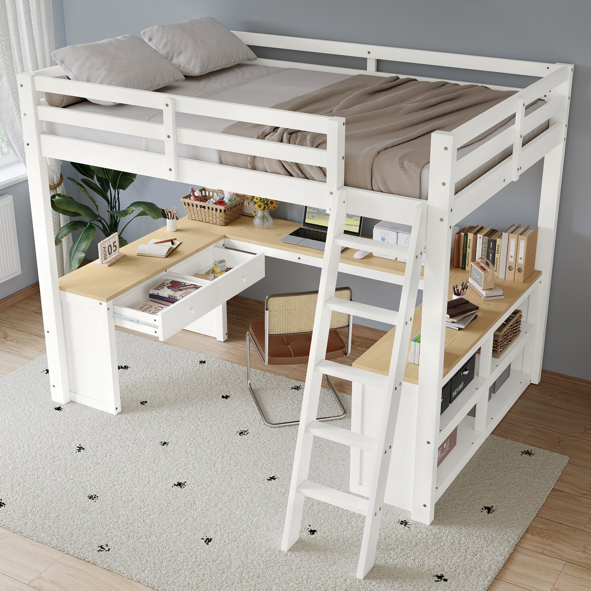 Loft Bed with U-Shaped Desk, 2 Drawers, Storage Shelf, 140x200cm, White + Natural Wood