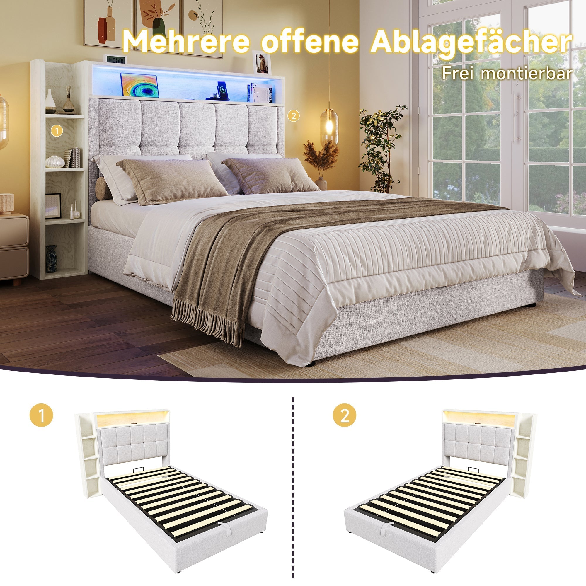 Upholstered Bed 90x200cm Multifunctional Storage LED USB/Type-C App Control - Linen Beige