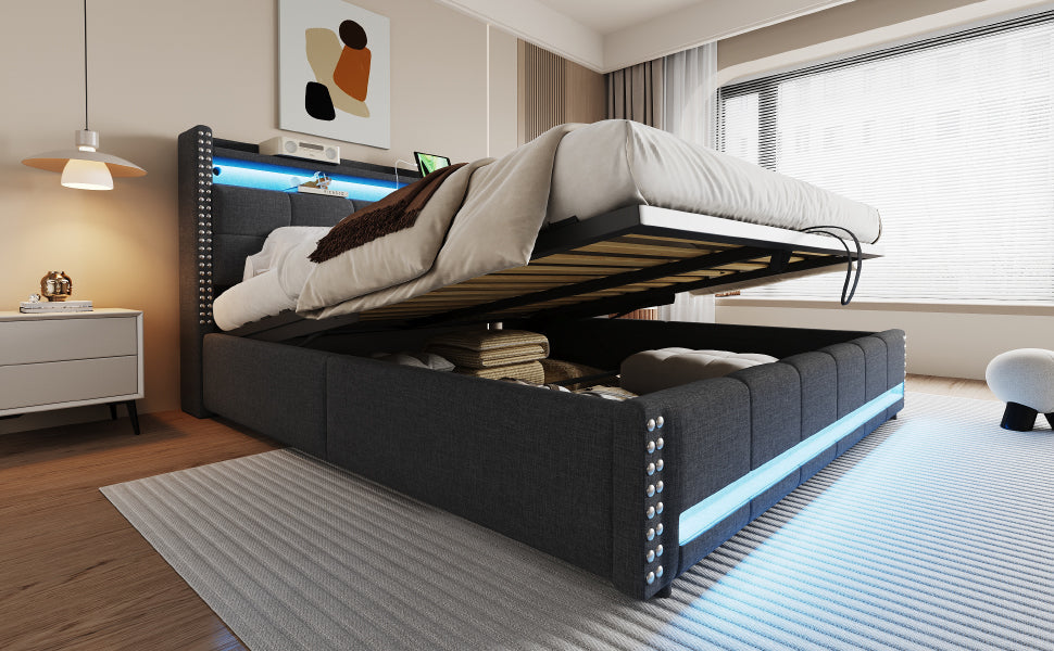 Upholstered Modular Bed with LED Headboard, USB Port and Hydraulic Storage, Gray Linen Fabric