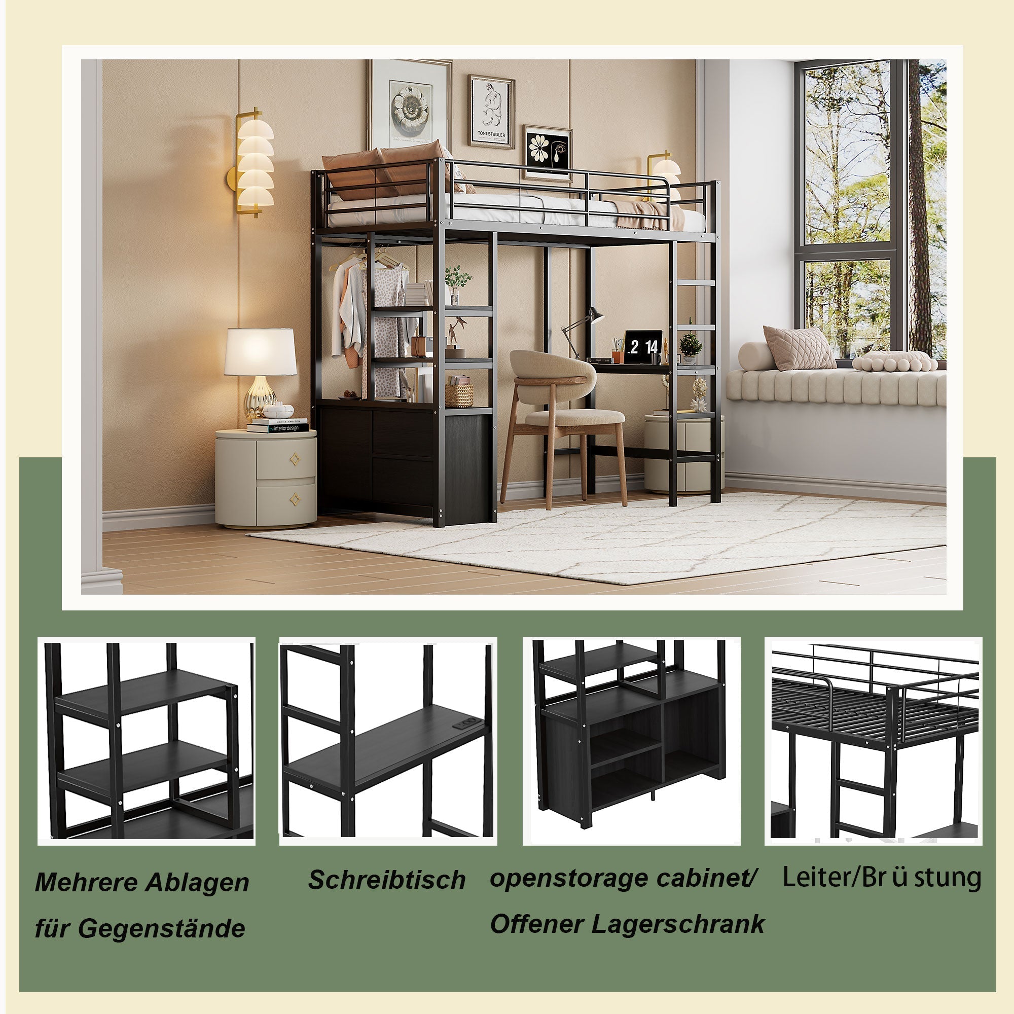 Loft Bed 90x200cm with Desk USB Charging Shelves Storage Ladder Black Iron