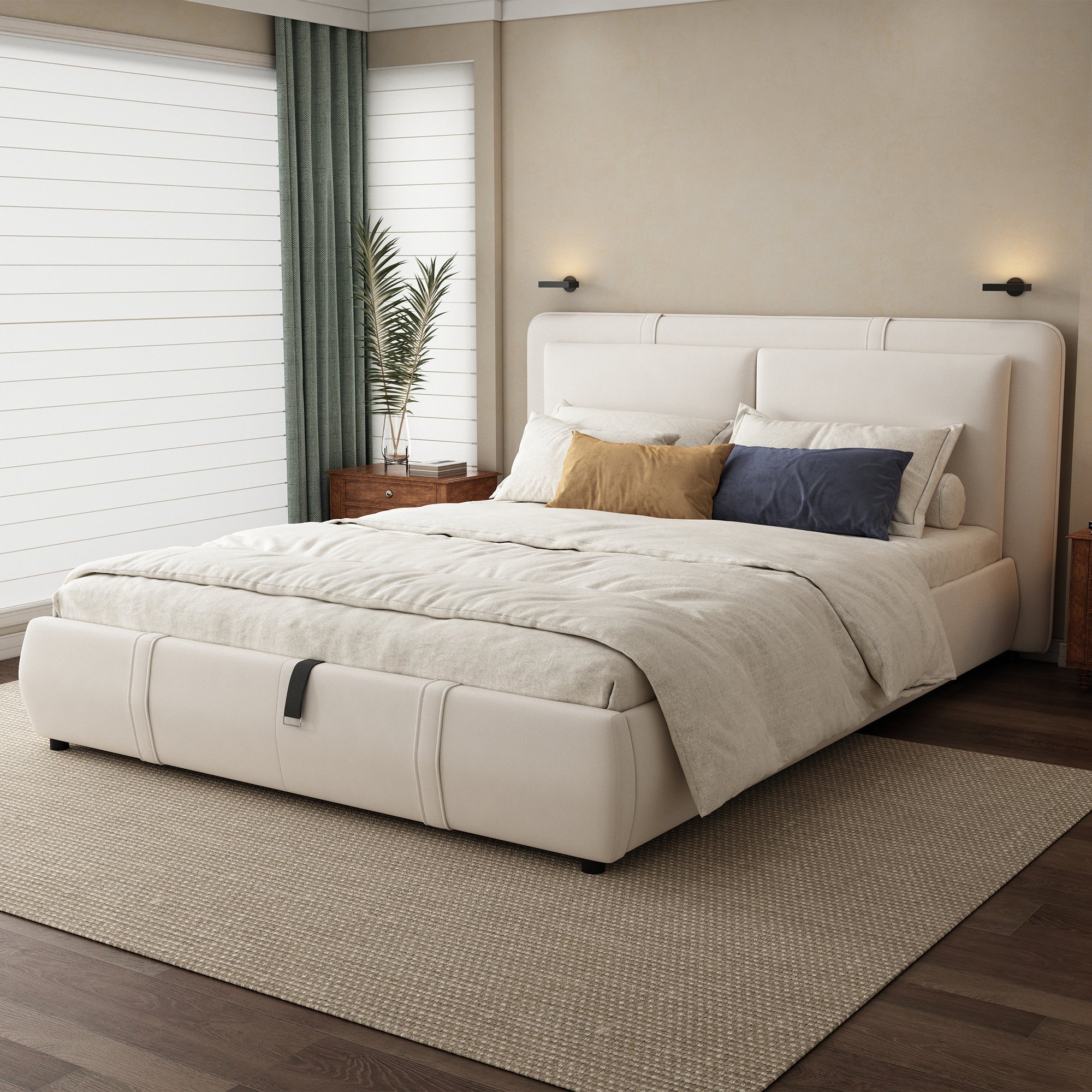 Upholstered Bed, Hydraulic Storage Function, 4ft6 Double 135x190cm, Durable, Sturdy, Removable Soft Headboard Backrest, Velvet Plywood Beige