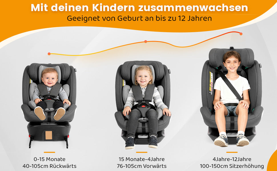 Child Car Seat 360° Rotating ISOFIX i-Size 40-150cm - Grey