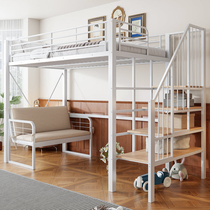 Bunk Bed with Removable Sofa, Storage and Safety Stairs, 90x200cm, White Metal