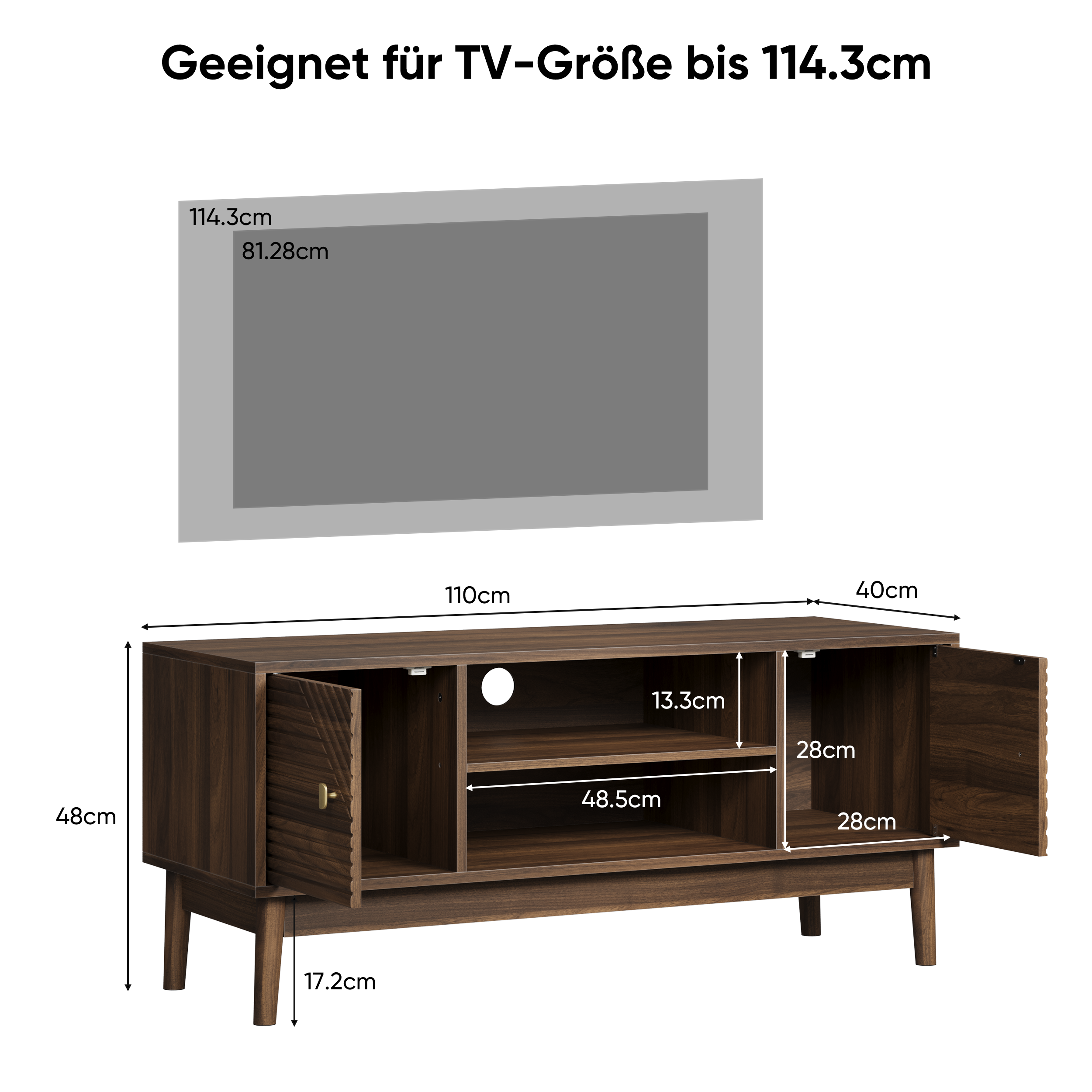 TV Stand, 110cm Mid-Century Modern with Storage Space, Walnut