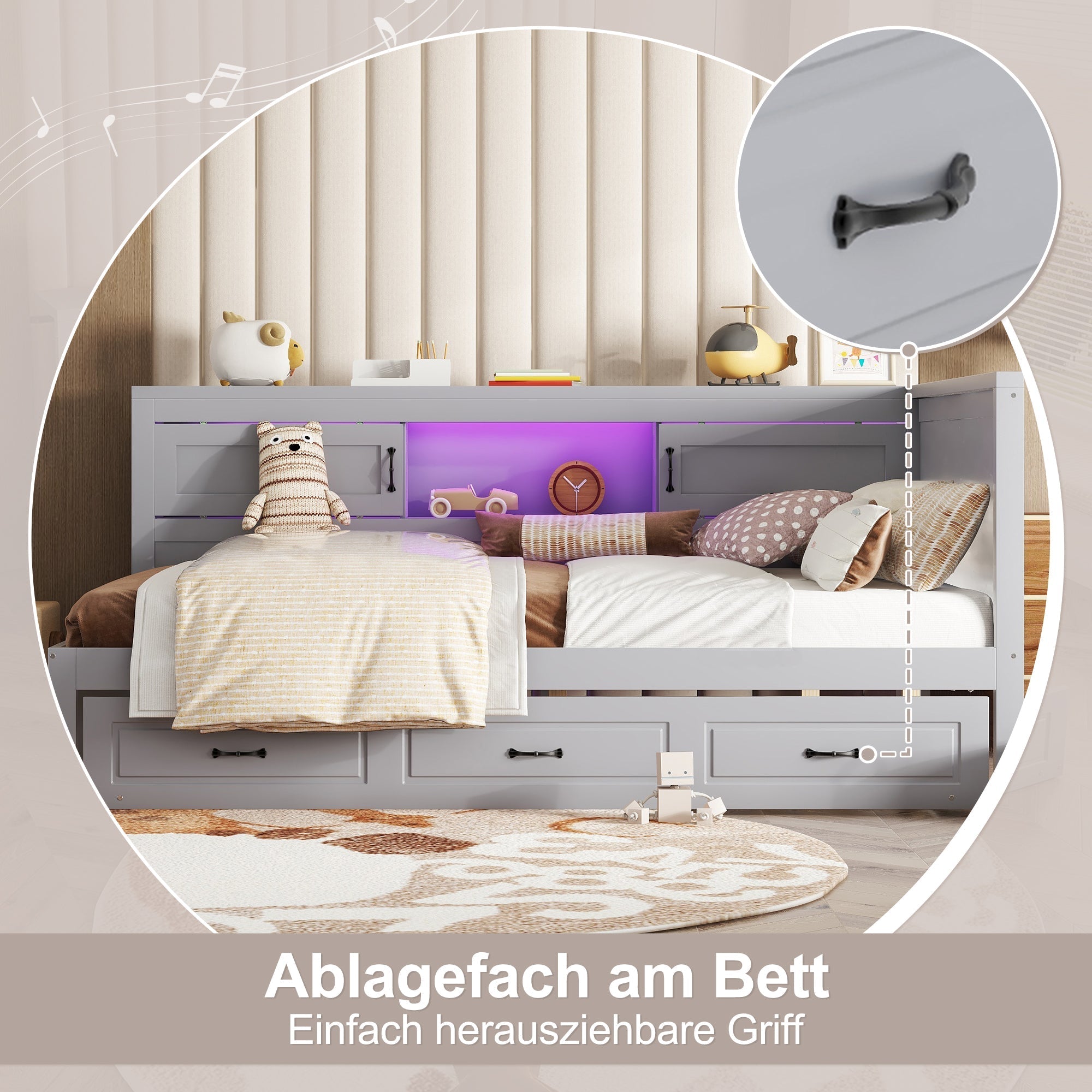 Sofa Bed Daybed 140x200cm Pull-out Bed LED Storage USB/Power Outlet - Grey