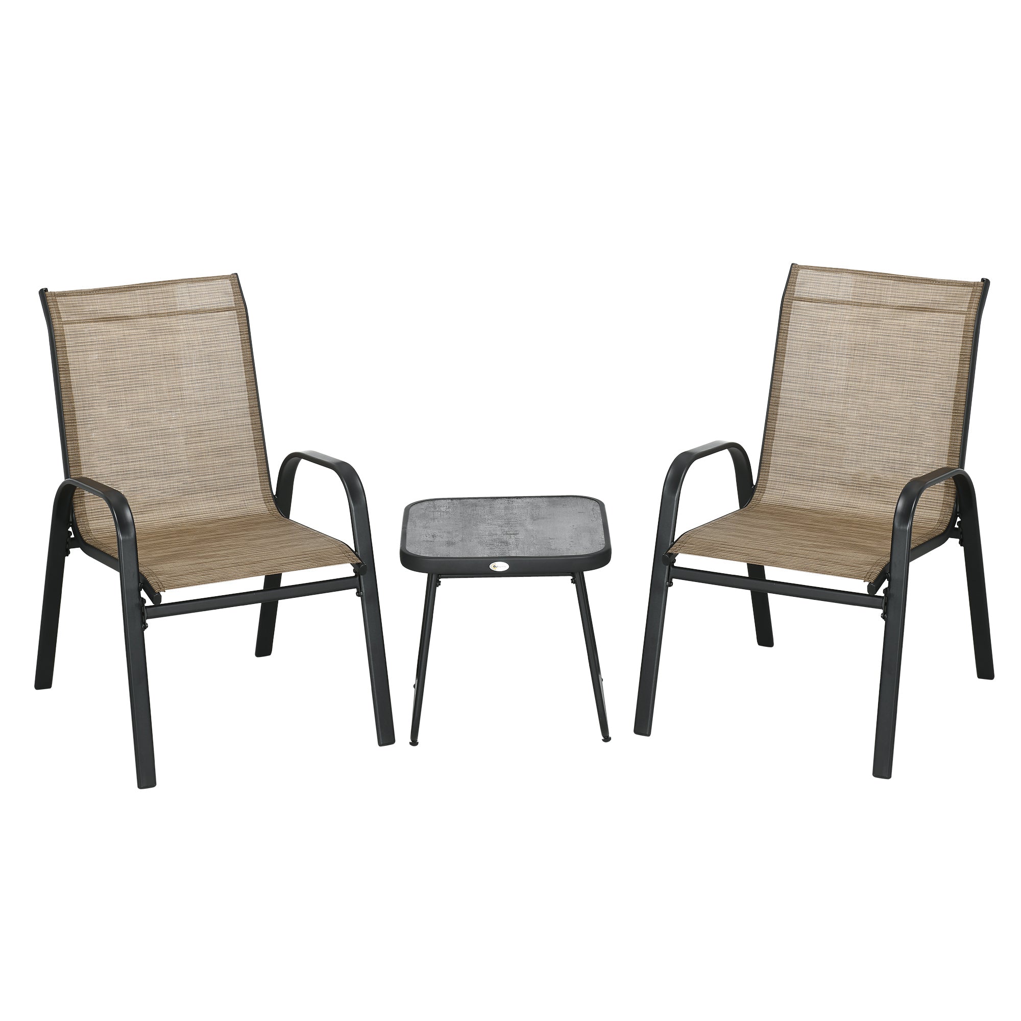 3 Pieces Outdoor Bistro Set, Stackable Armchairs, Mesh Fabric/SPC Table, Brown