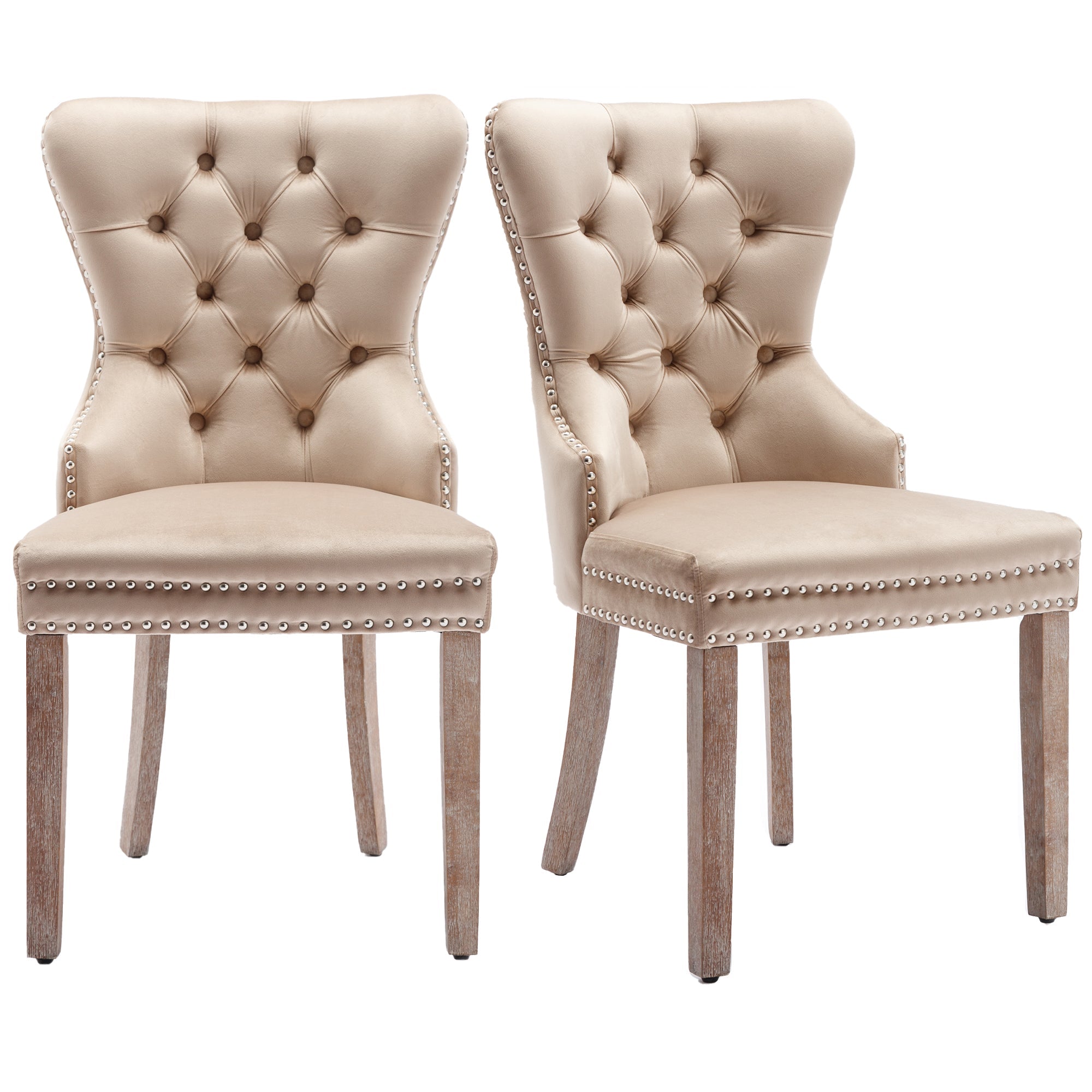 Dining Chair Set of 2, Upholstered Door Knocker Nailhead Trim Solid Wood, Beige Velvet