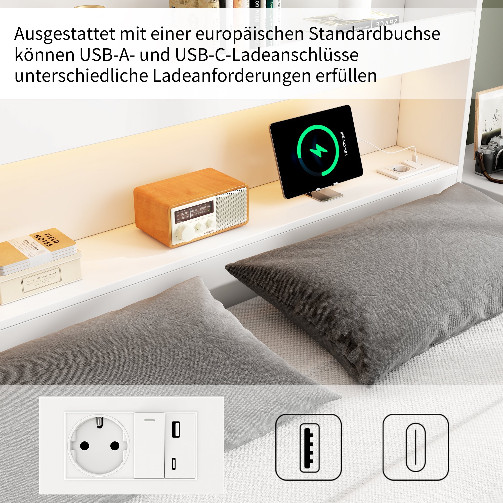 Storage Bed 140x200cm with USB, Power Outlet, LED and Drawers, White Solid Wood