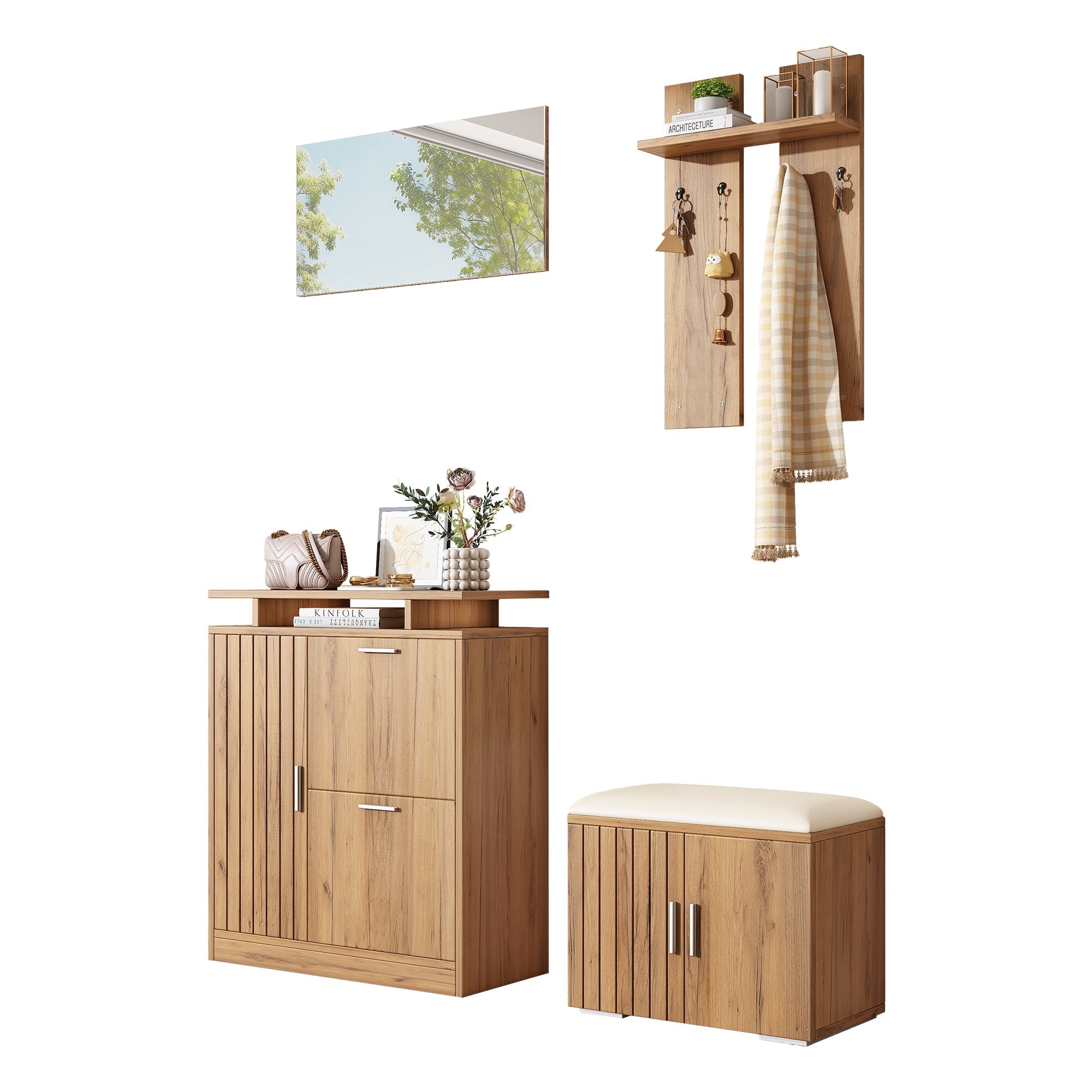 Hallway Wardrobe Set, Shoe Bench and Cabinet with Mirror, 4 Hooks, 5 Doors, Natural
