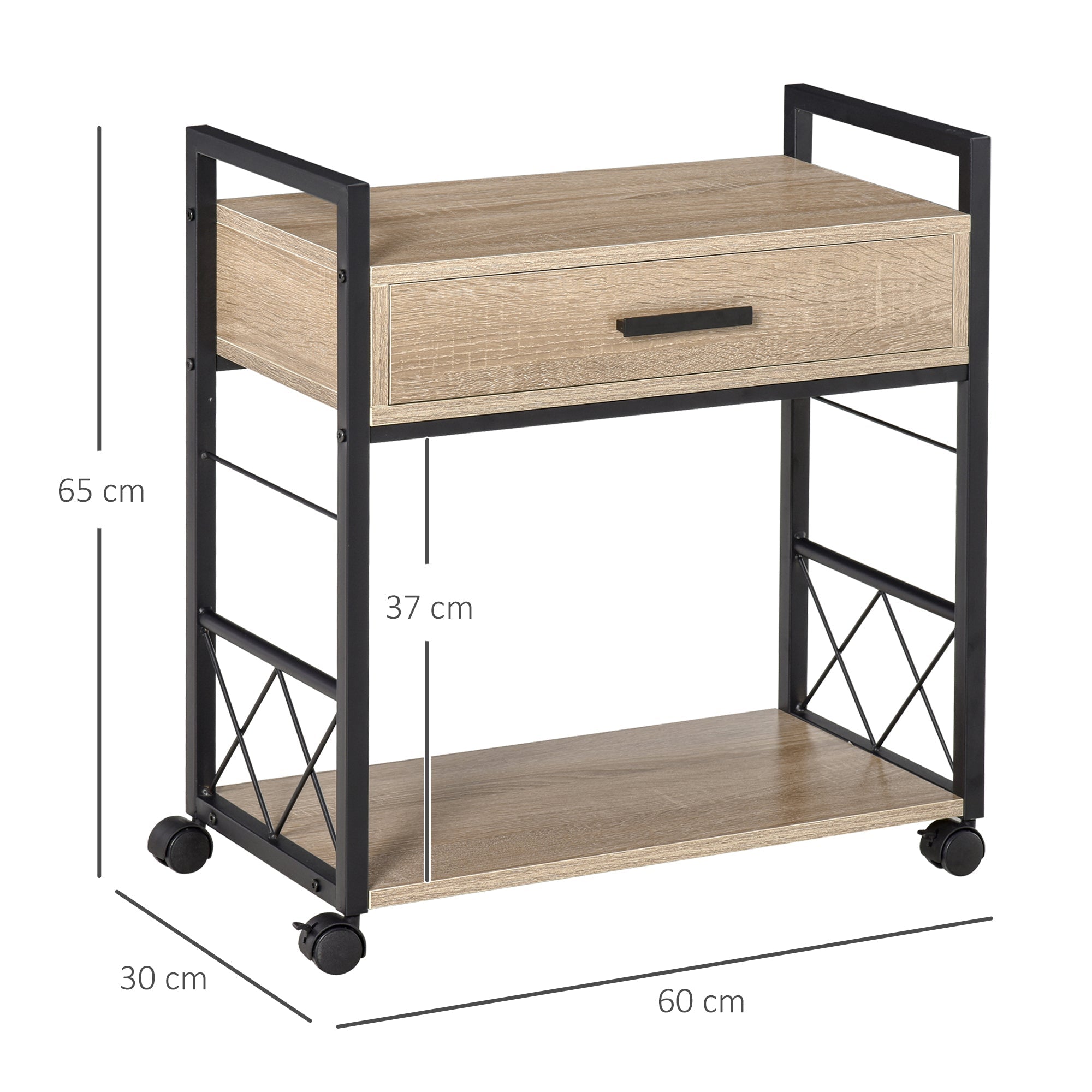Side Table Serving Cart with Wheels, Drawer Storage, Natural Wood