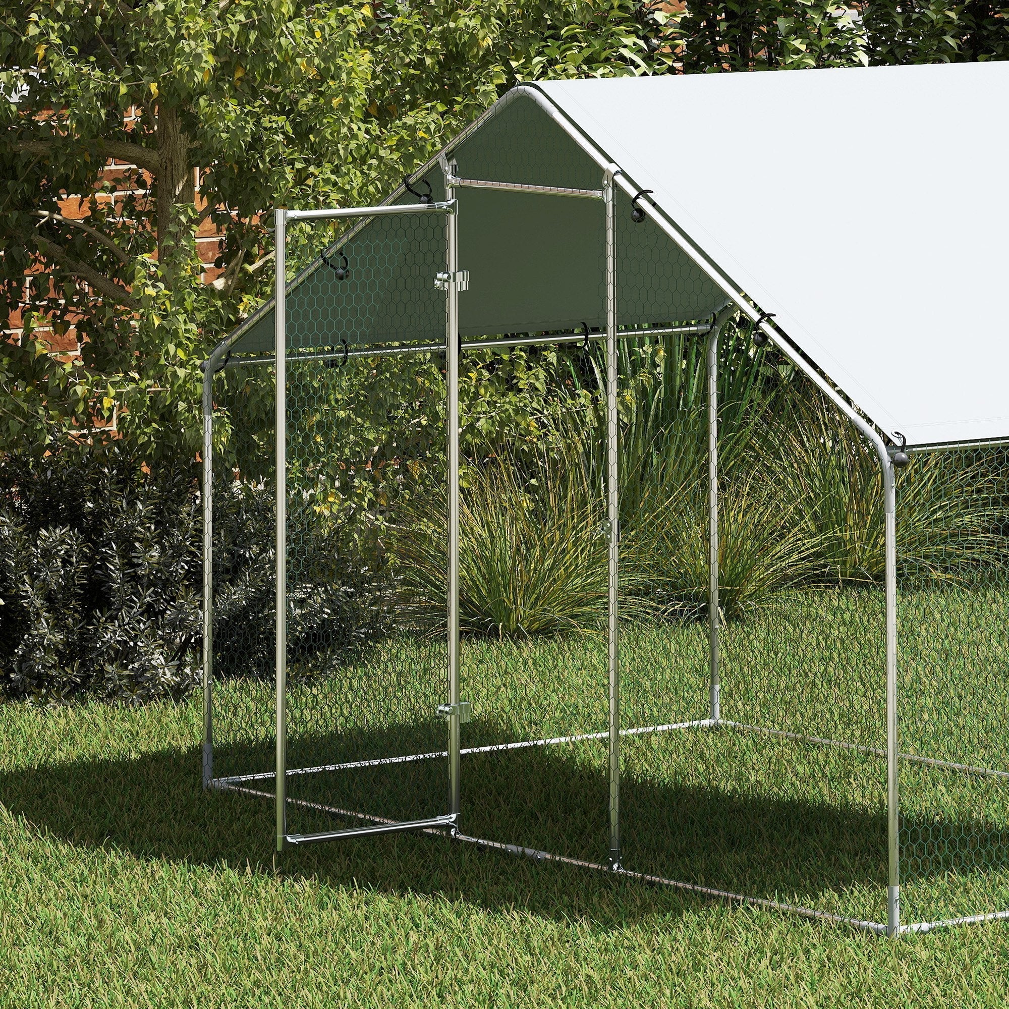 Hühnerstall Freilaufgehege, 3x1,7x1,9 m, Schloss, Verzinkter Stahl, Silber