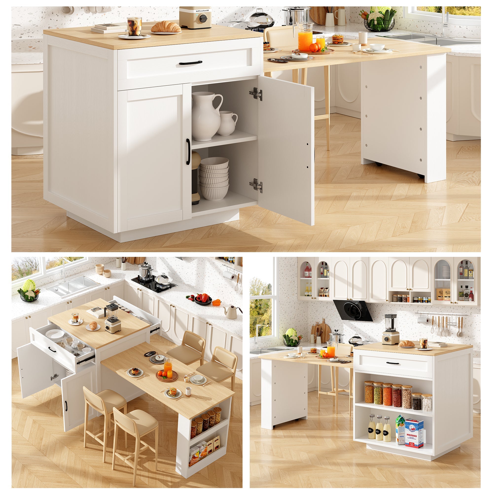 Extendable Bar Table 133-202cm with Storage, 2 Drawers & Side Shelves - White