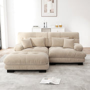 Cloud Corner Sofa, Double with Lumbar & Decorative Pillows, Ottoman, Chenille Light Brown
