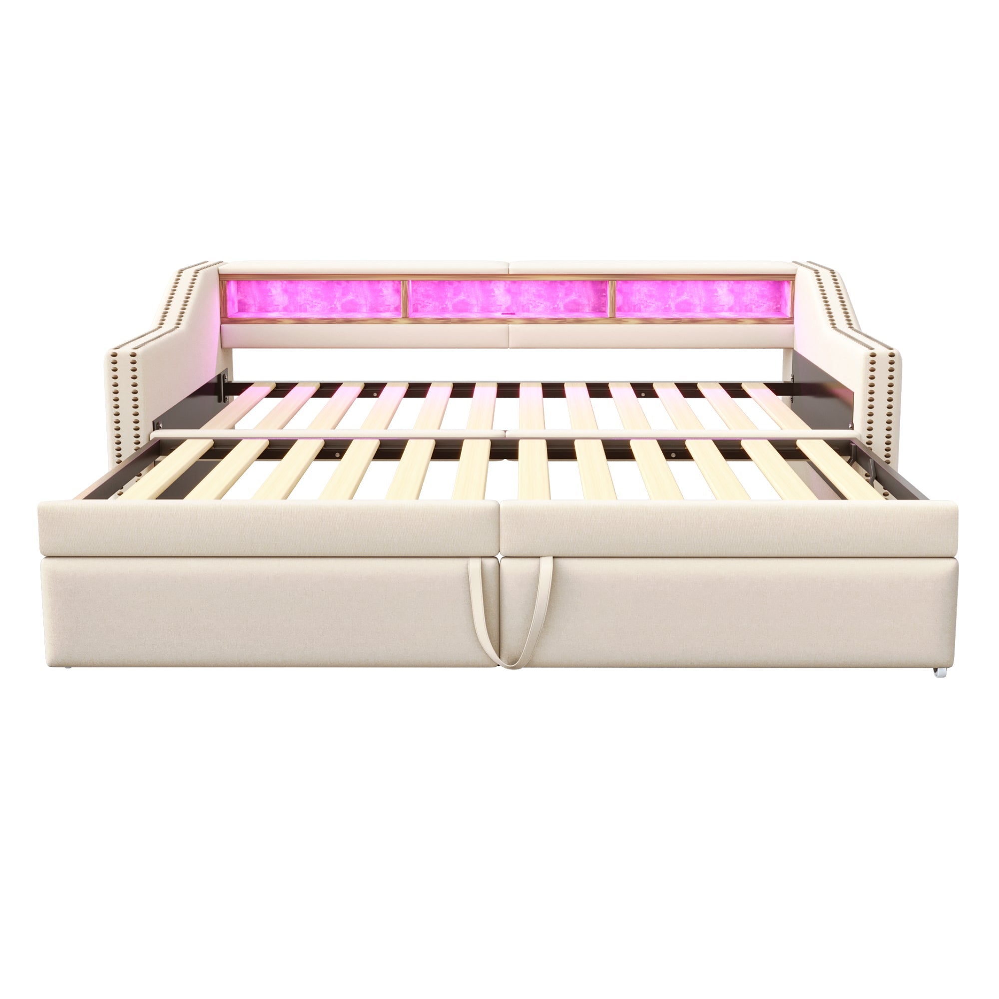 Upholstered Bed, Pull-Out Sofa Bed with Storage, LED & USB, Beige