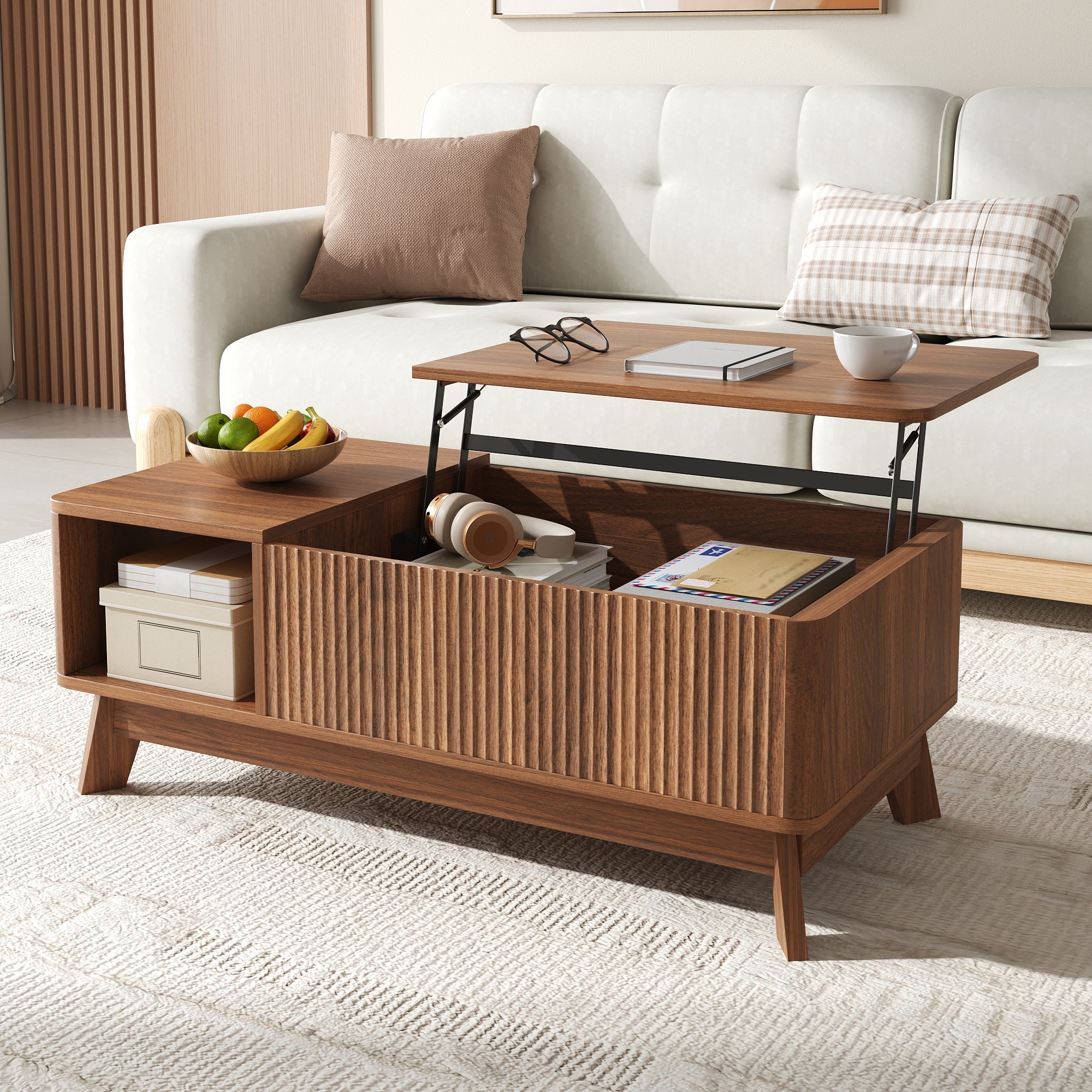 Coffee Table with Lifting Mechanism, Wave Design and Side Compartment, MDF Material