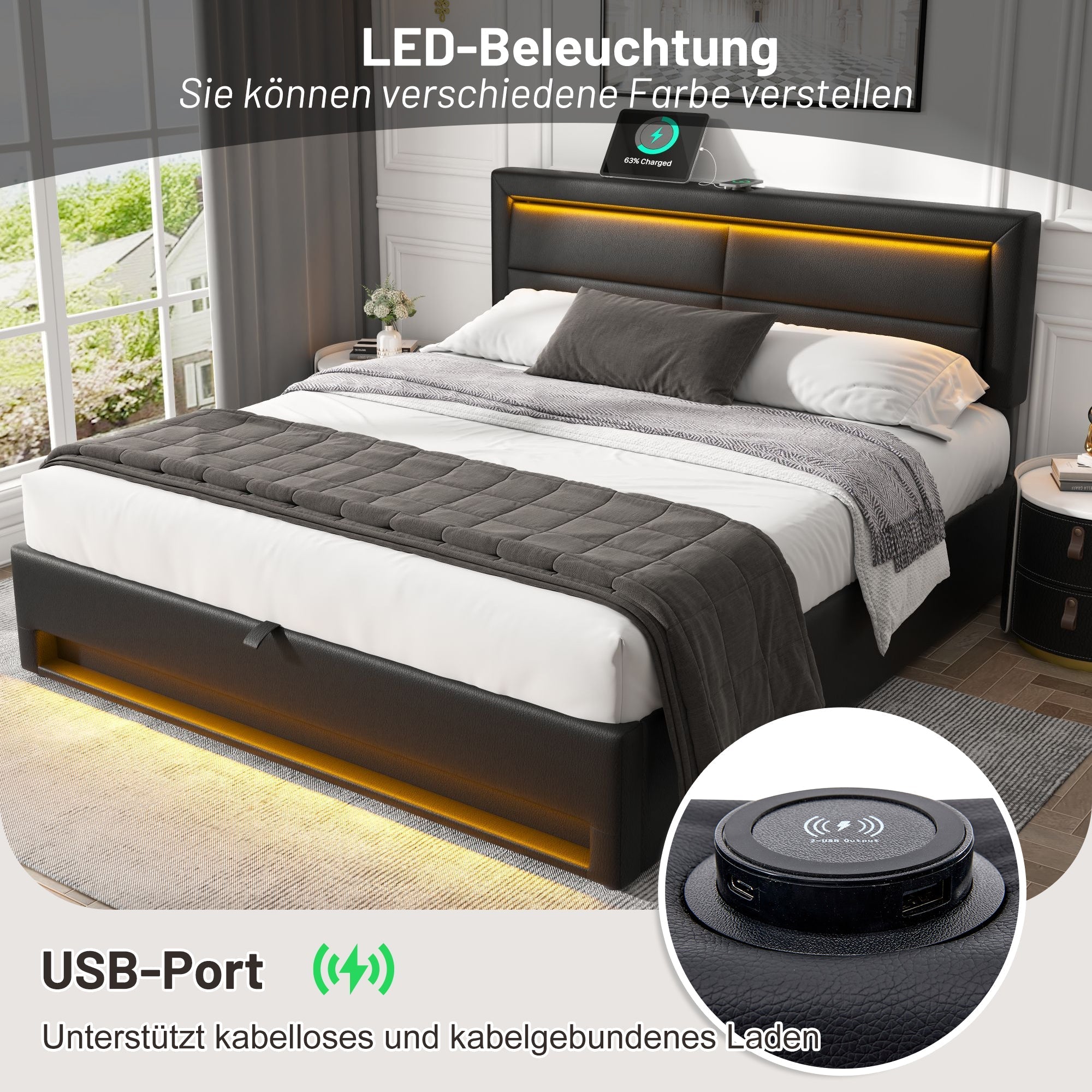Upholstered Bed 140x200cm LED Storage USB Charging - PU Lychee Black
