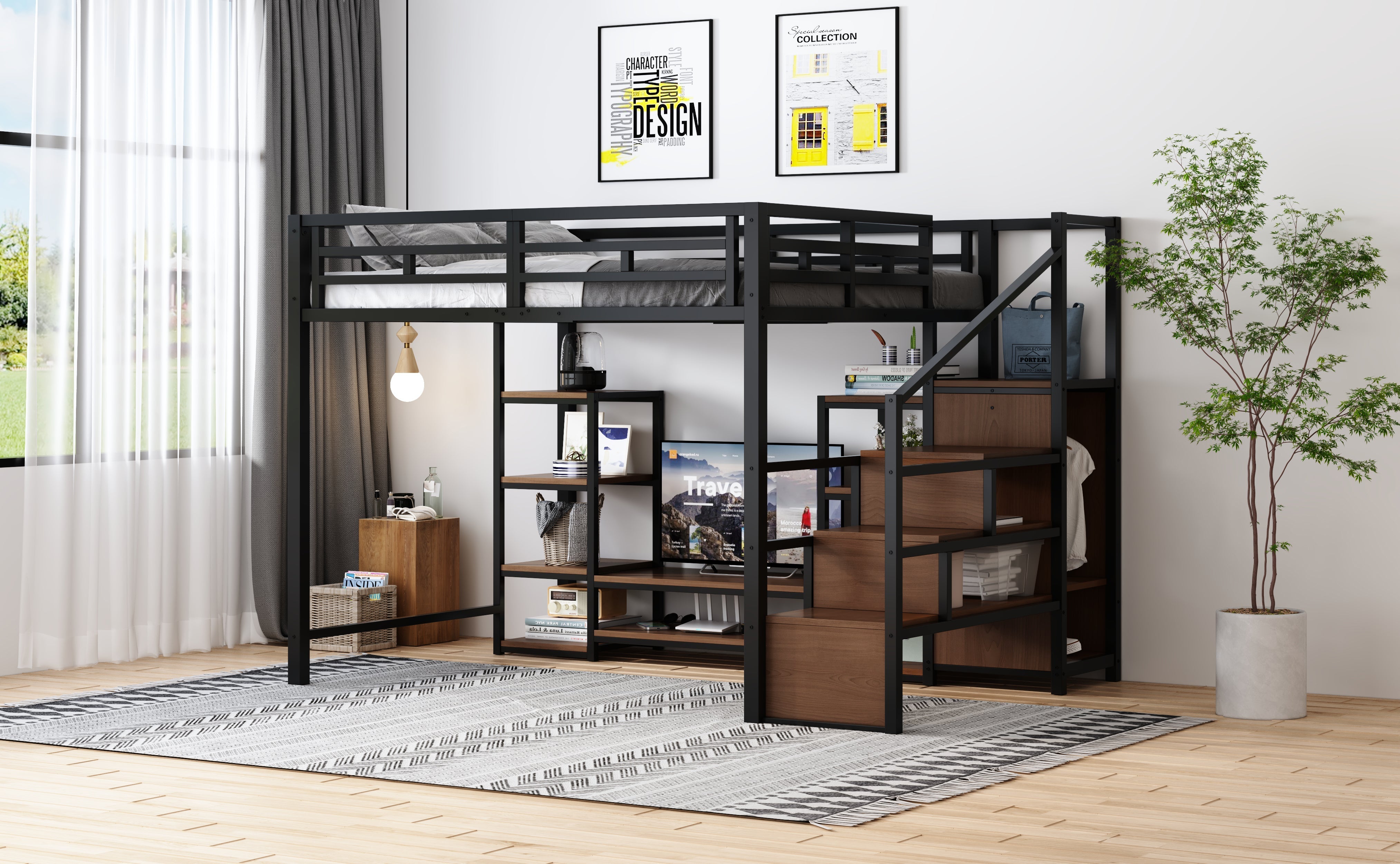 Loft Bed 140x200 TV Stand Power Outlet Safety Ladder, Metal/Wood Black
