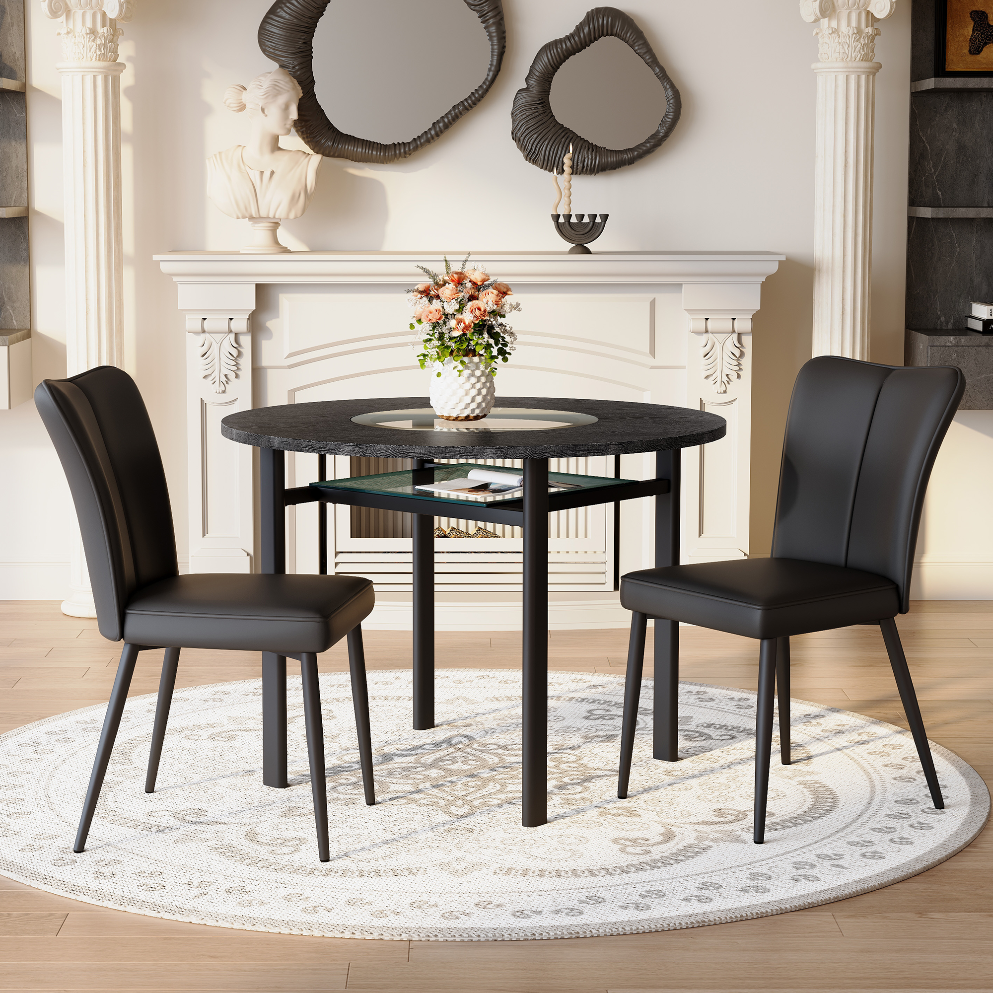 Round Table Set 100cm Diameter Modern Minimalist with 2 Armchairs Black Wood Look