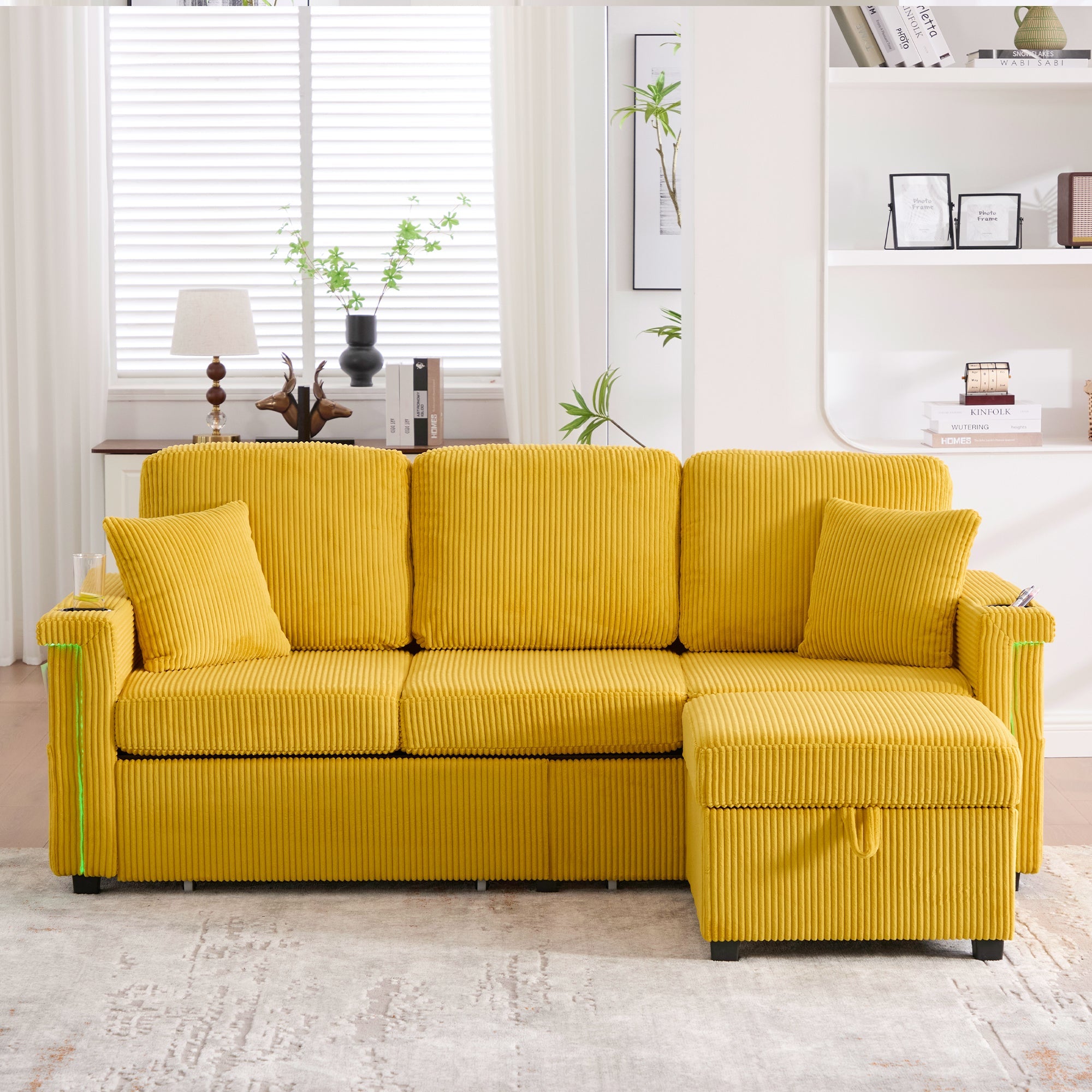 Velvet Sofa, LED Lighting, USB-C Port, Storage Footrest, Cup Holders, Side Pockets, Mustard Yellow