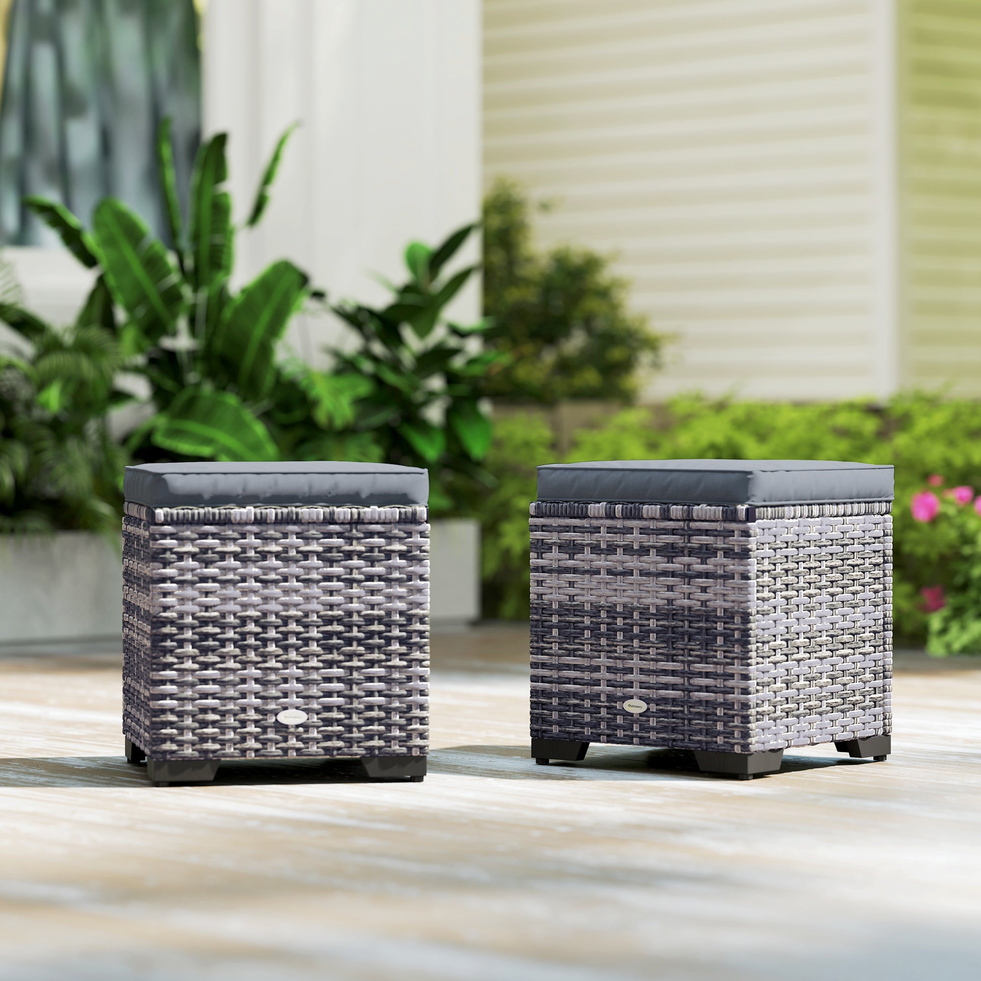 Set of 2 Rattan Storage Ottoman, Outdoor Footstool with Removable Cushions, Dark Grey